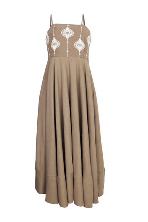 hermoso vestido largo bordado con tiras en hombros color taupe
