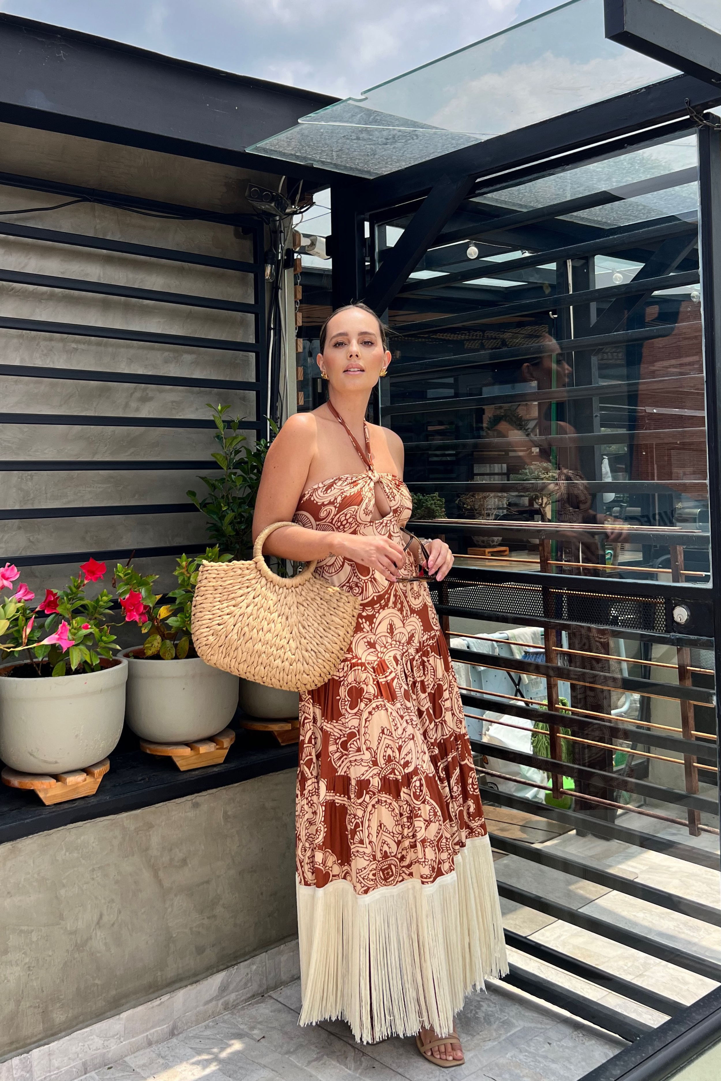 Vestido midi de lazo en cuello y flecos Evadne