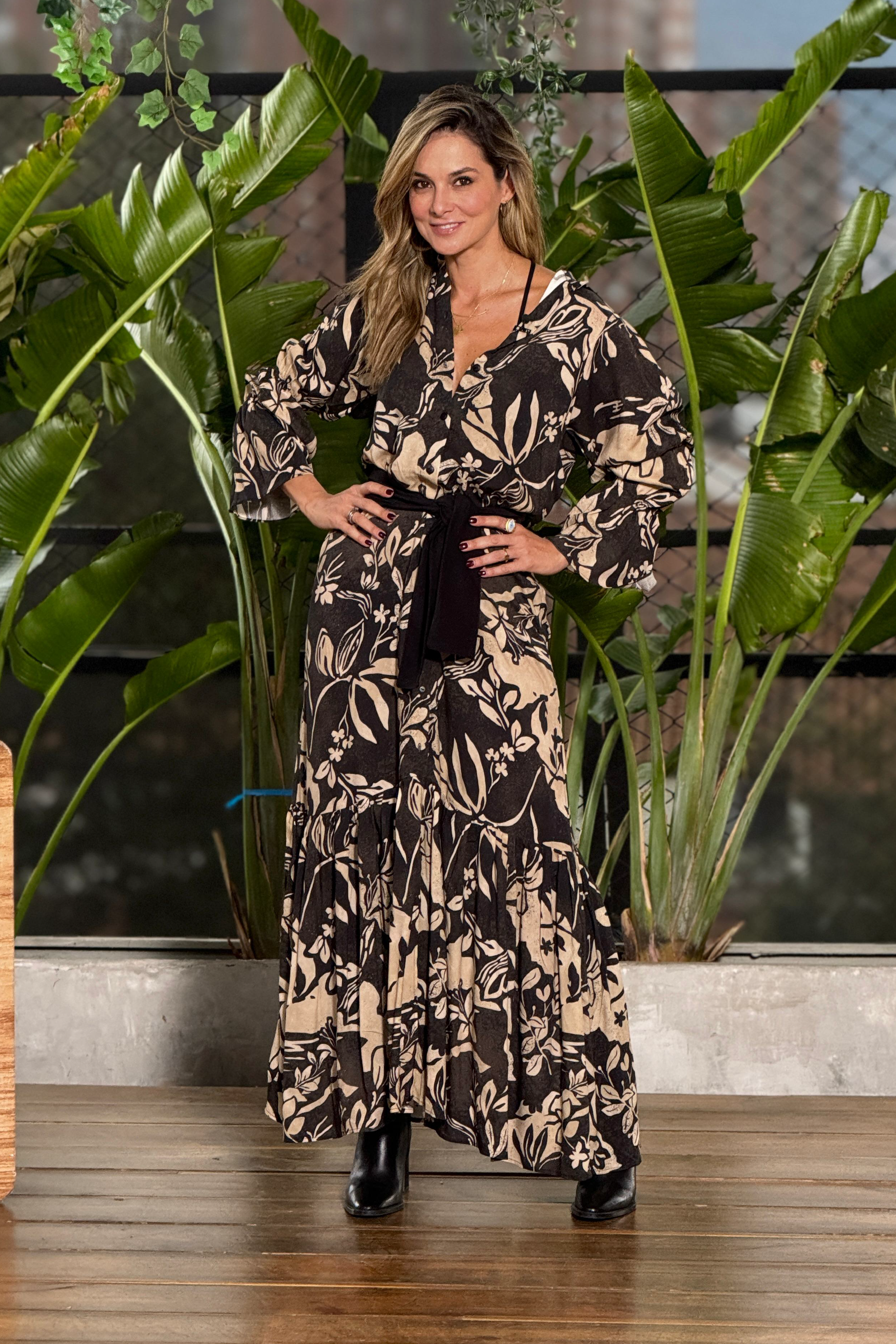 PTJ2493290 Vestido estampado con cinturón negro 