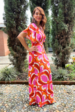 Hermoso vestido con manga rodada pandora color fucsia
