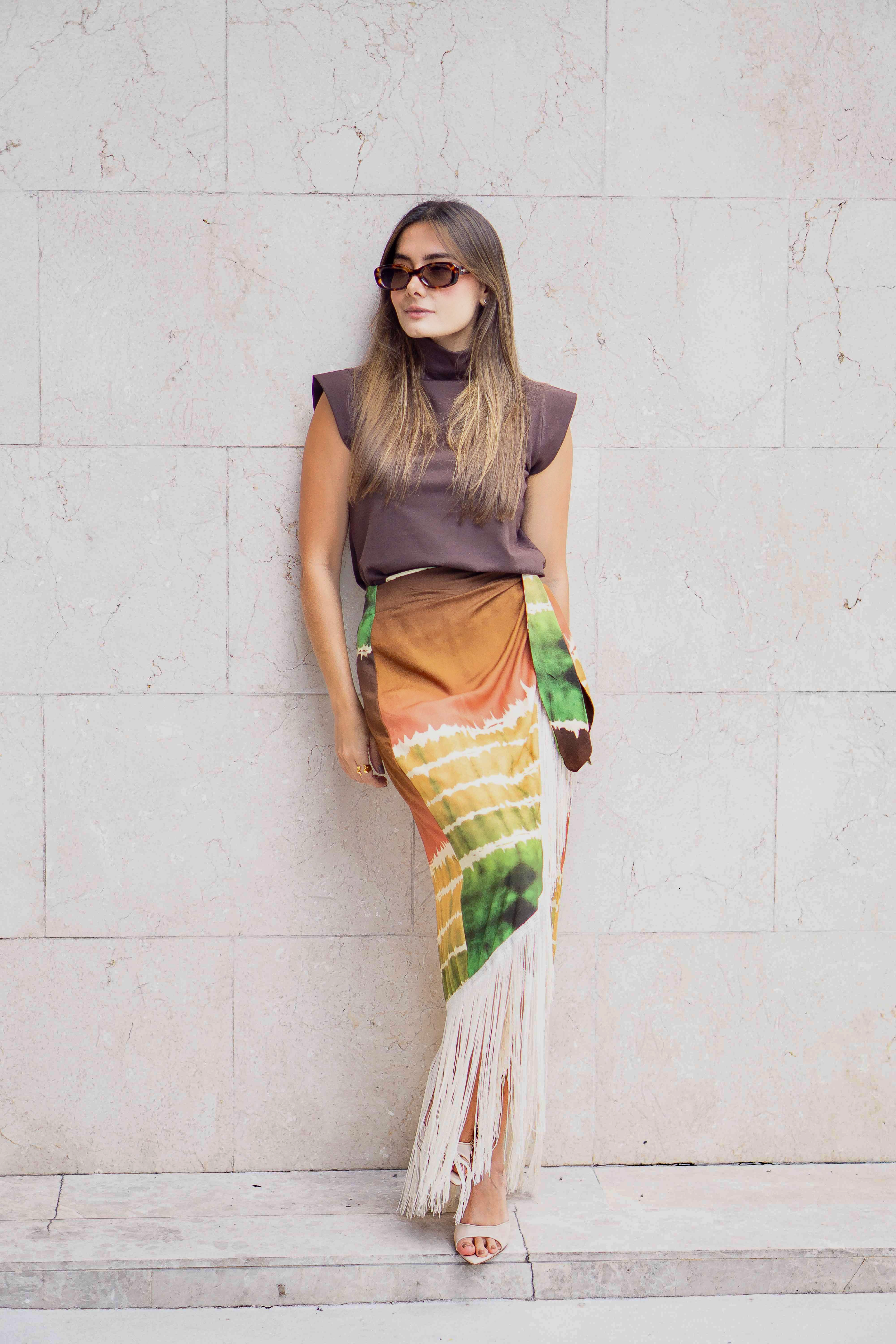 PTJ276129 falda con estampado y flecos 