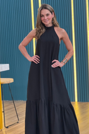 PTJ2799 vestido largo negro con accesorios dorados