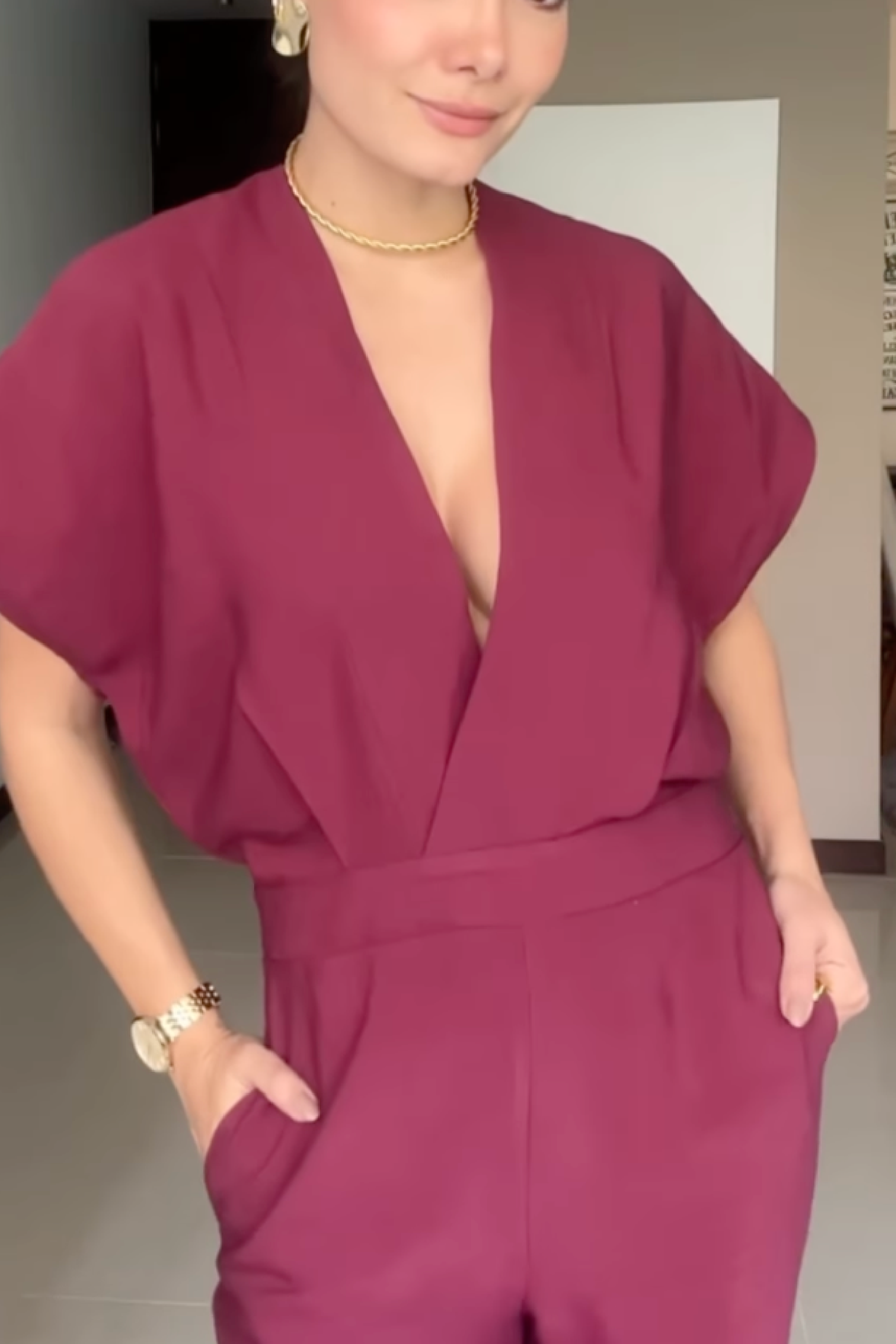 PTJ2839300 enterizo con escote en V color vinotinto