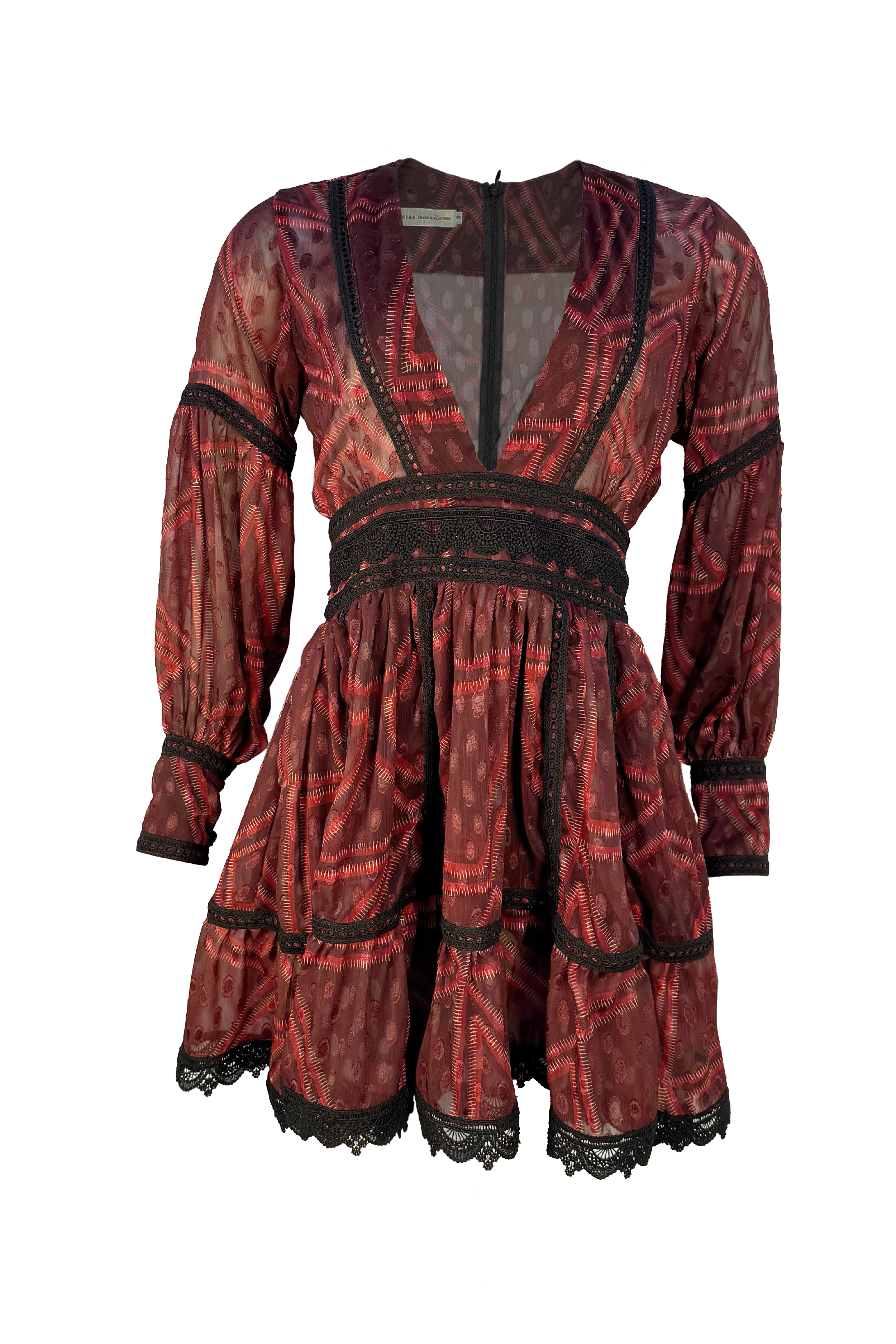 PTJ28471203 vestido corto vinotinto con detalles y manga larga