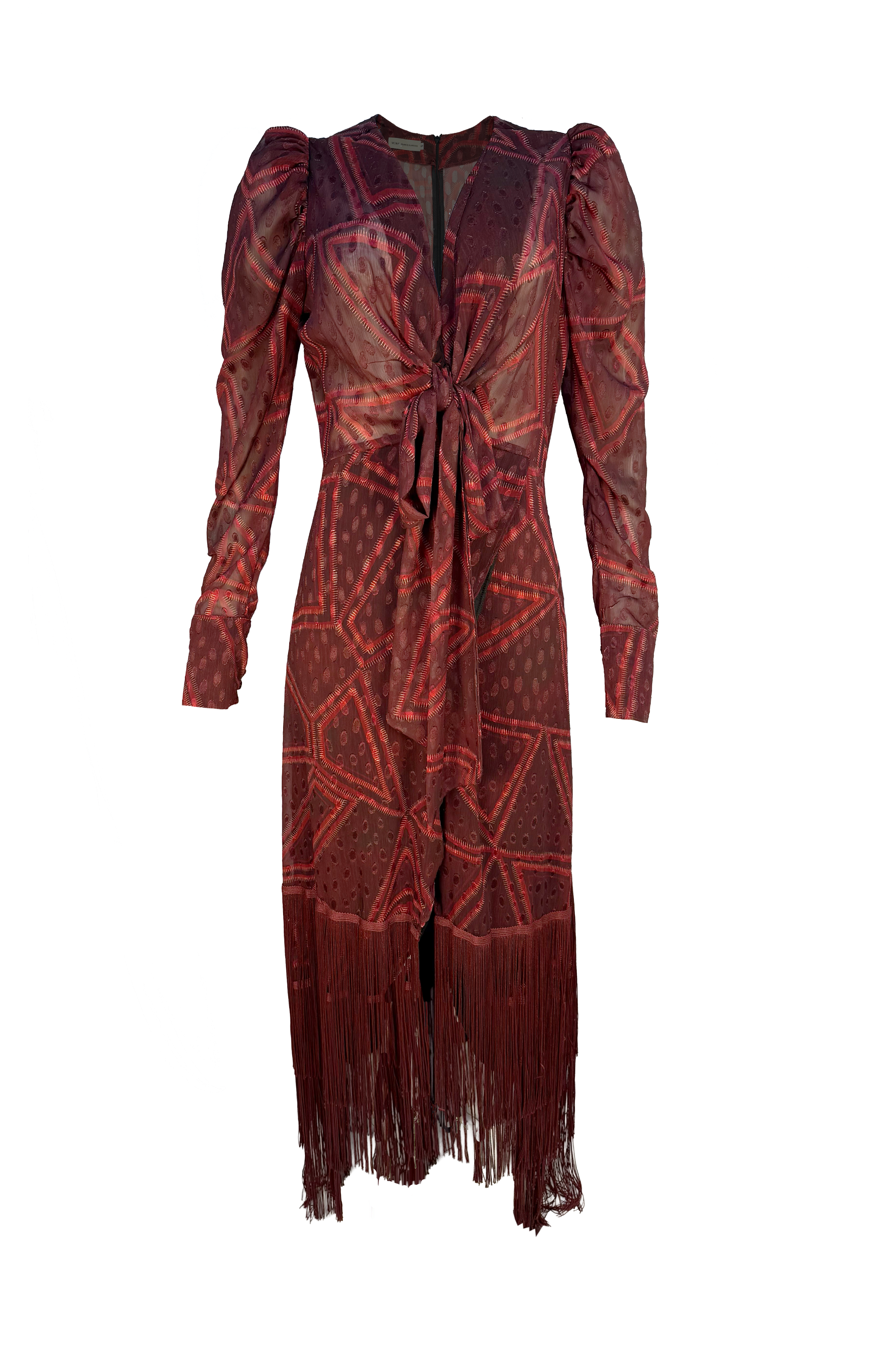 PTJ284912 vestido midi con detalles románticos y color vinotinto con flecos