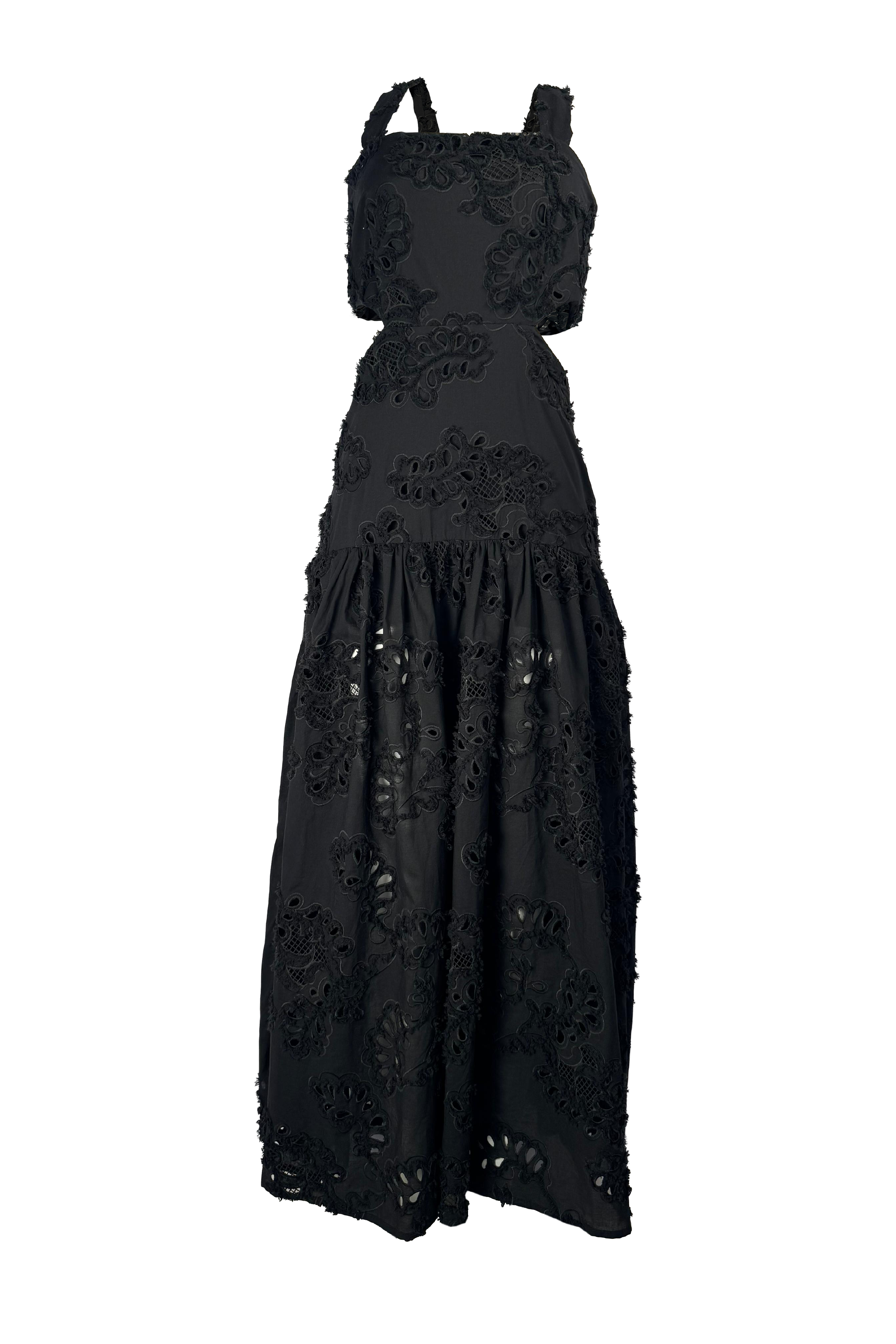 PTJ285301 vestido largo con tiras y en ojalillo color negro
