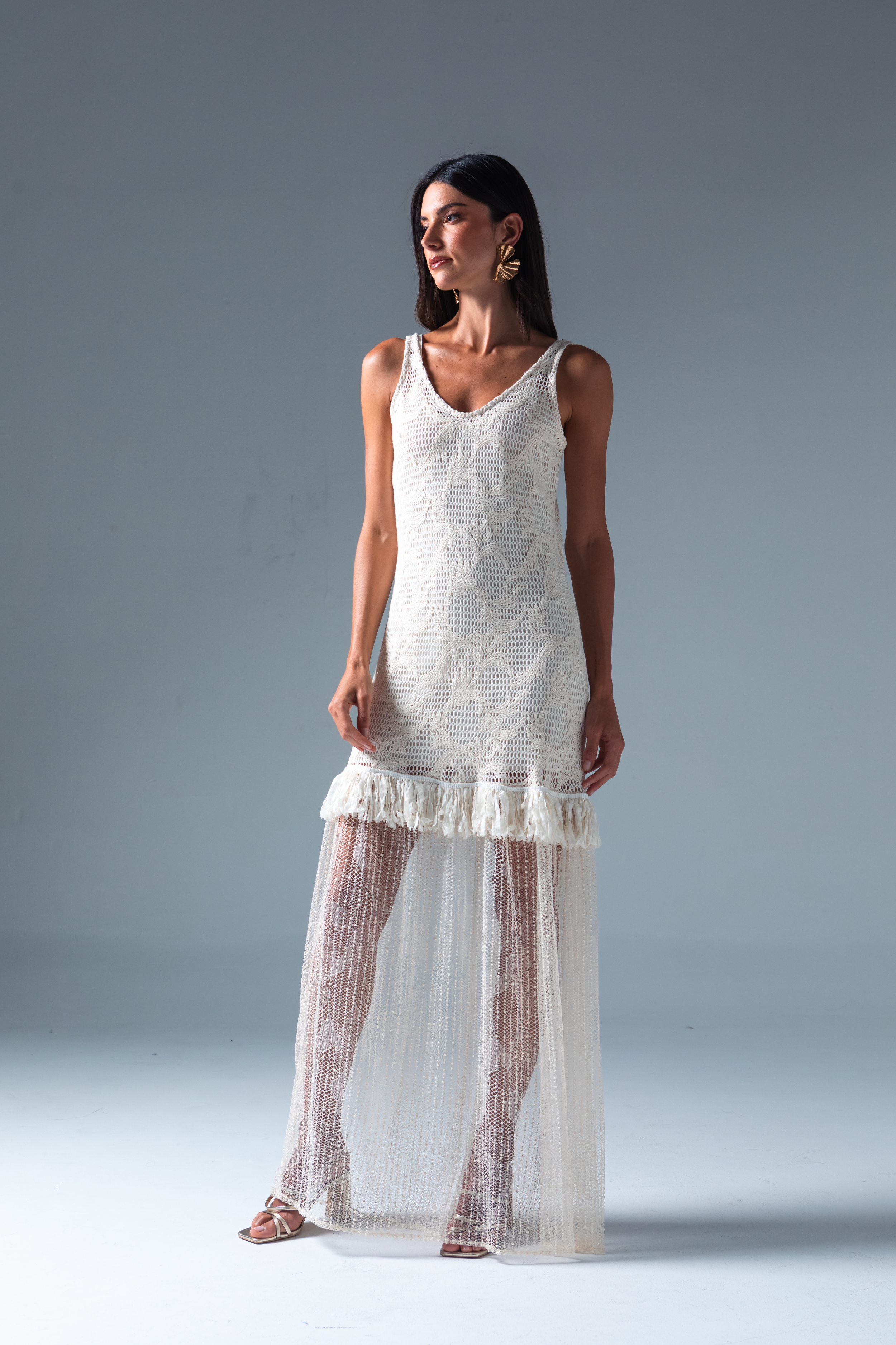 PTJ285401 vestido con detalles de velo y detalles artesanales