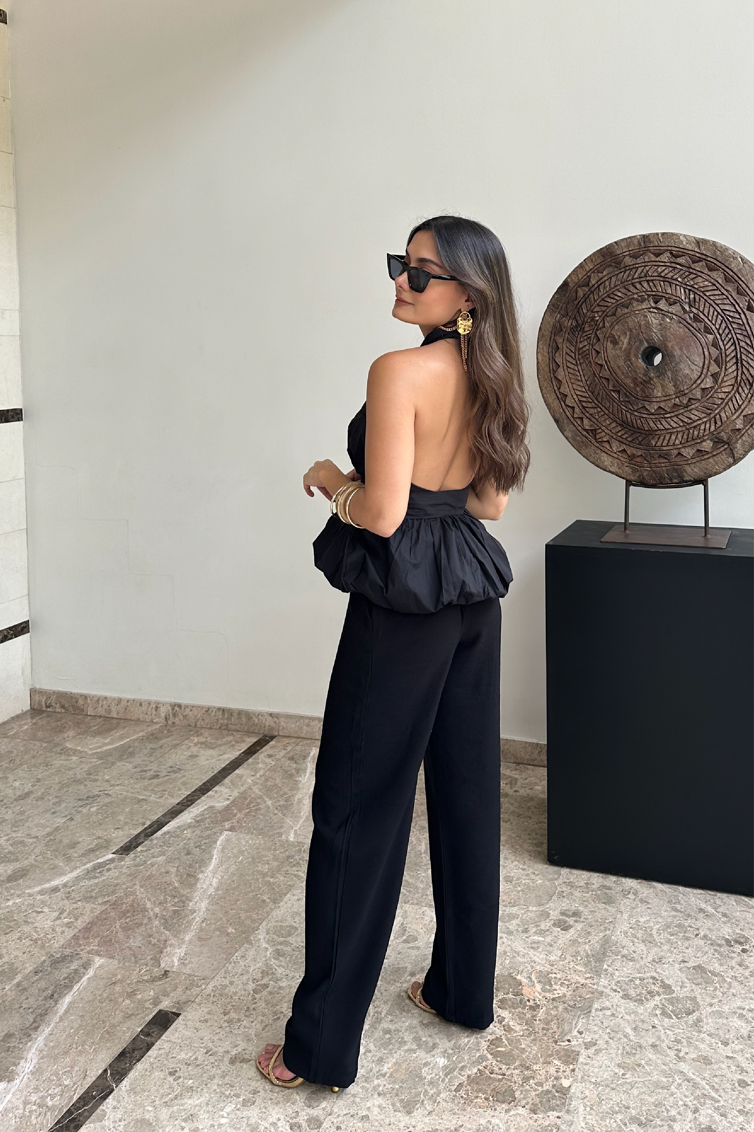 PTJ296609 look negro pantalón con blusa con cinturón