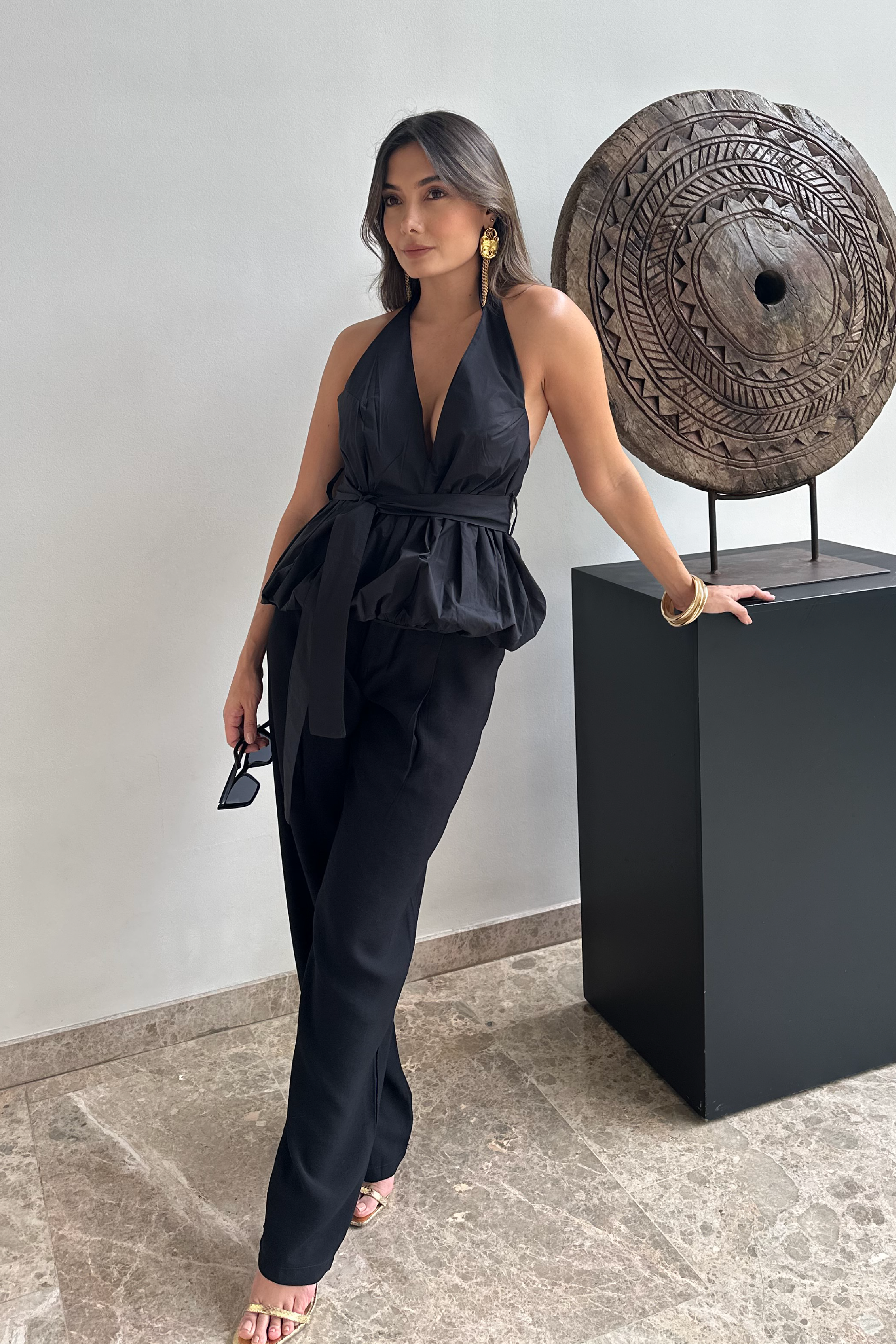 PTJ296609 look negro pantalón con blusa con cinturón