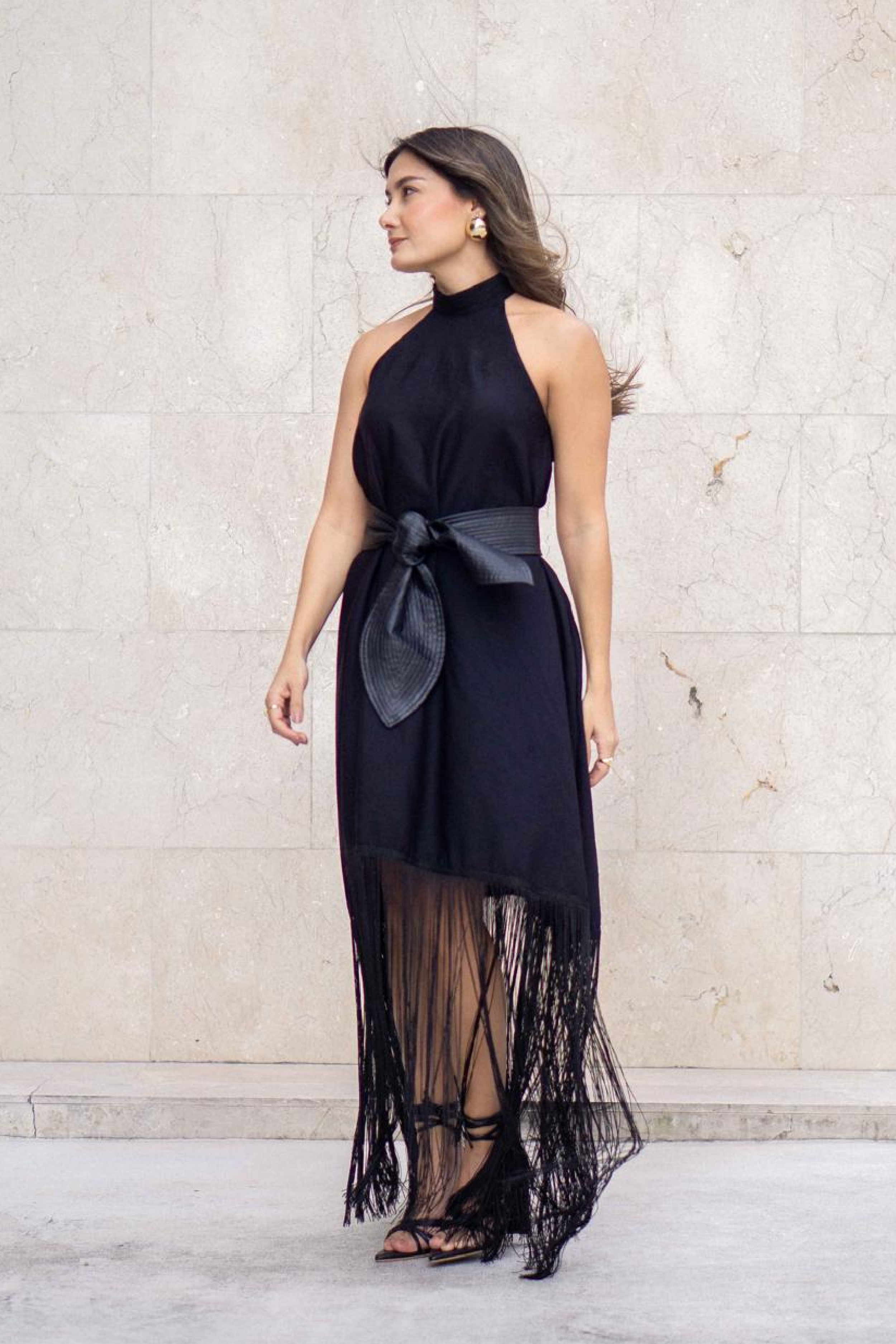 PTJ2974 vestido largo con flecos color negro