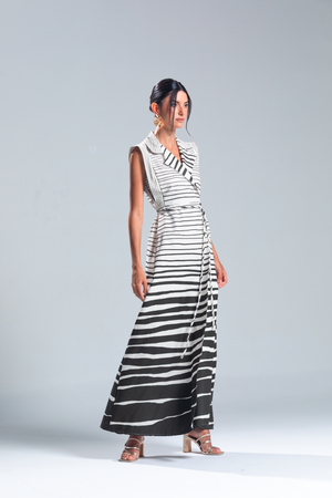 PTJ2979 vestido largo de rayas con lazos en la cintura  con cuello en v