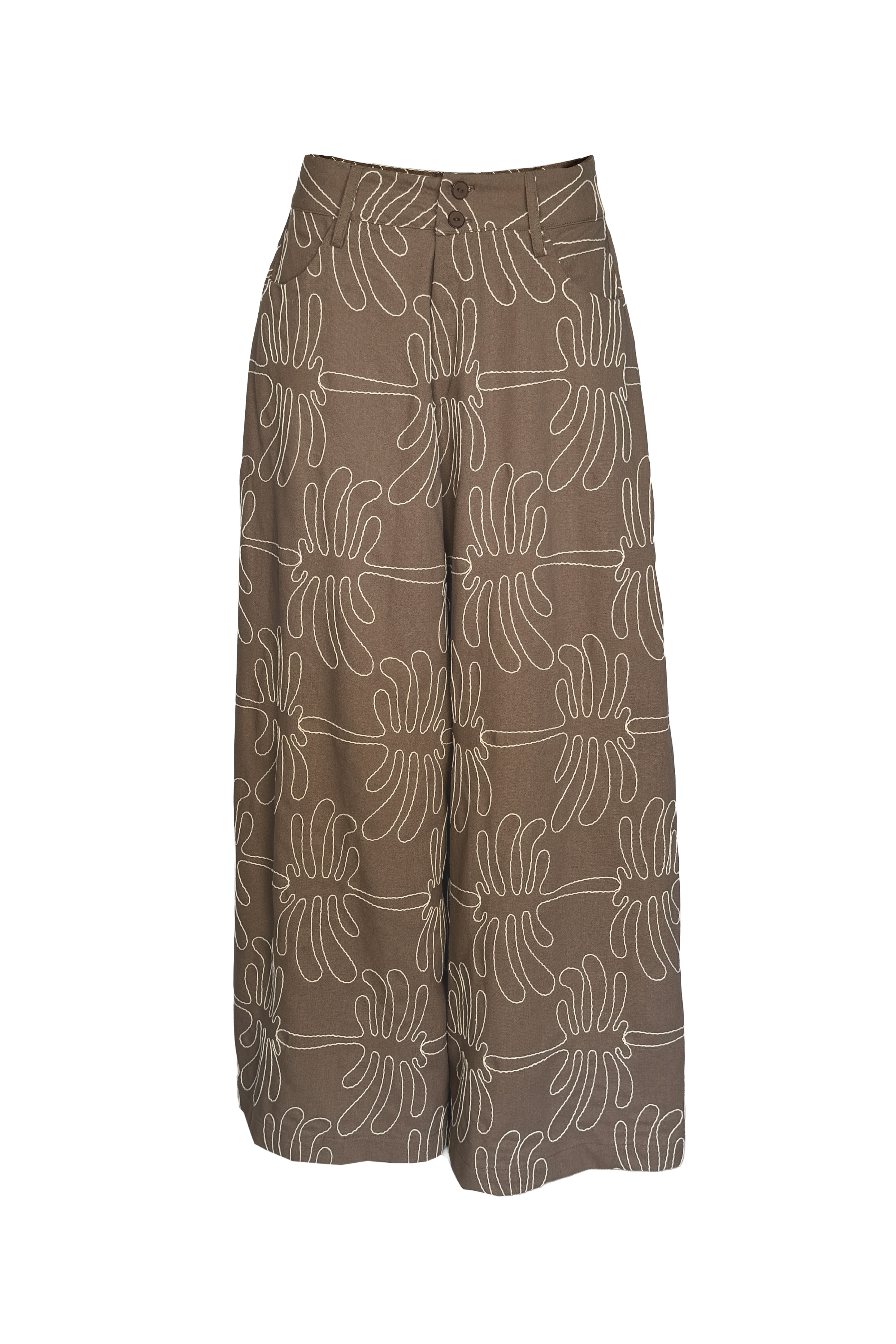 PTJ300010 pantalón bordado palazzo café