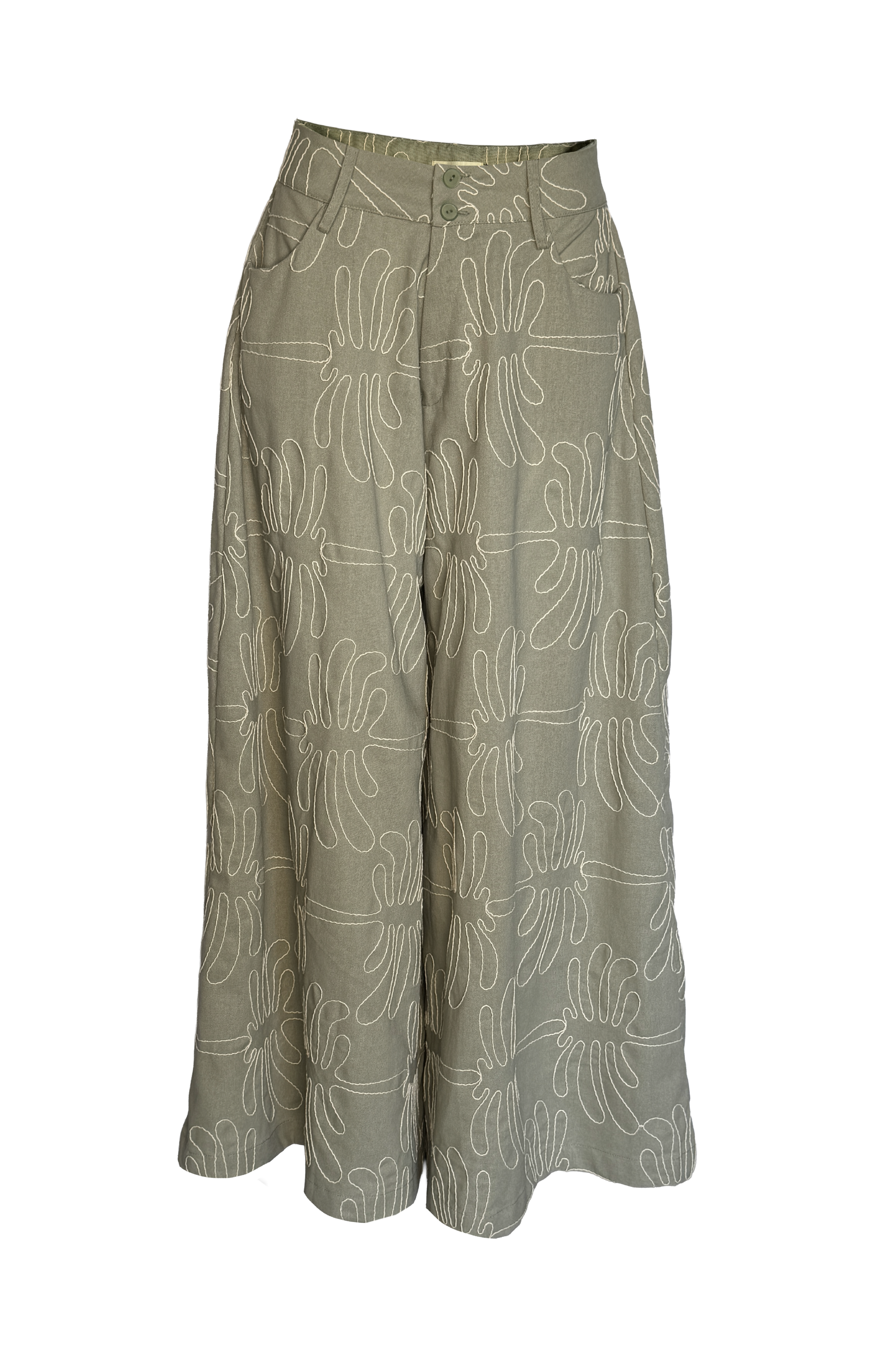 PTJ300010 pantalón bordado palazzo verde