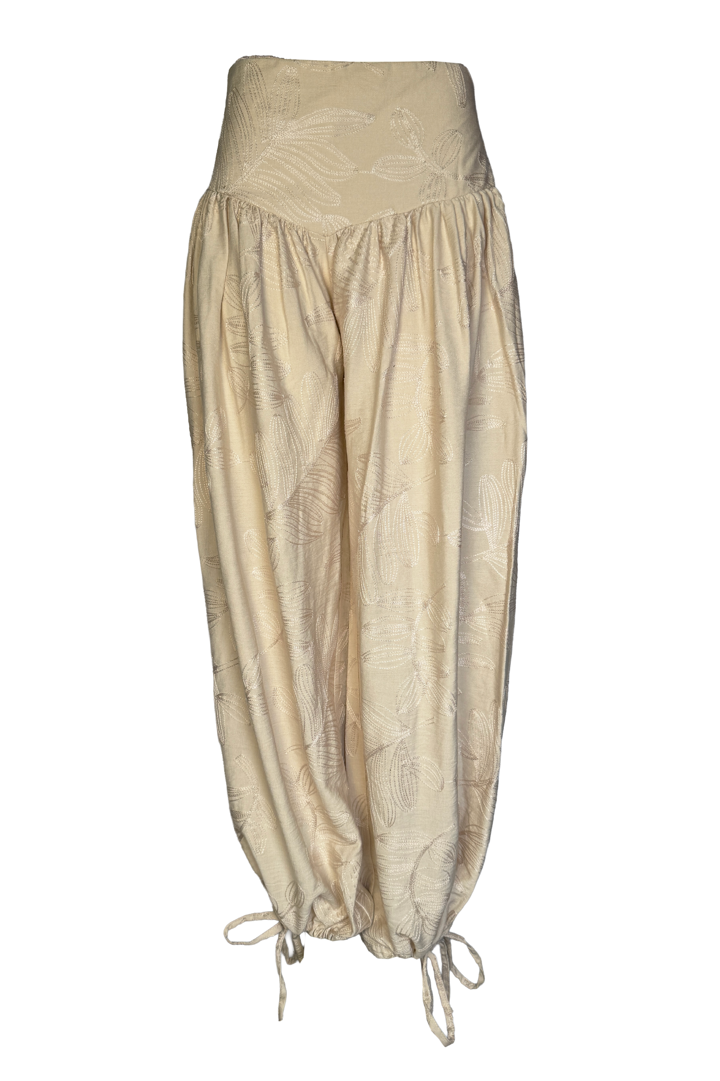 PTJ3028 pantalón aladino con tiras y tela de bordados 