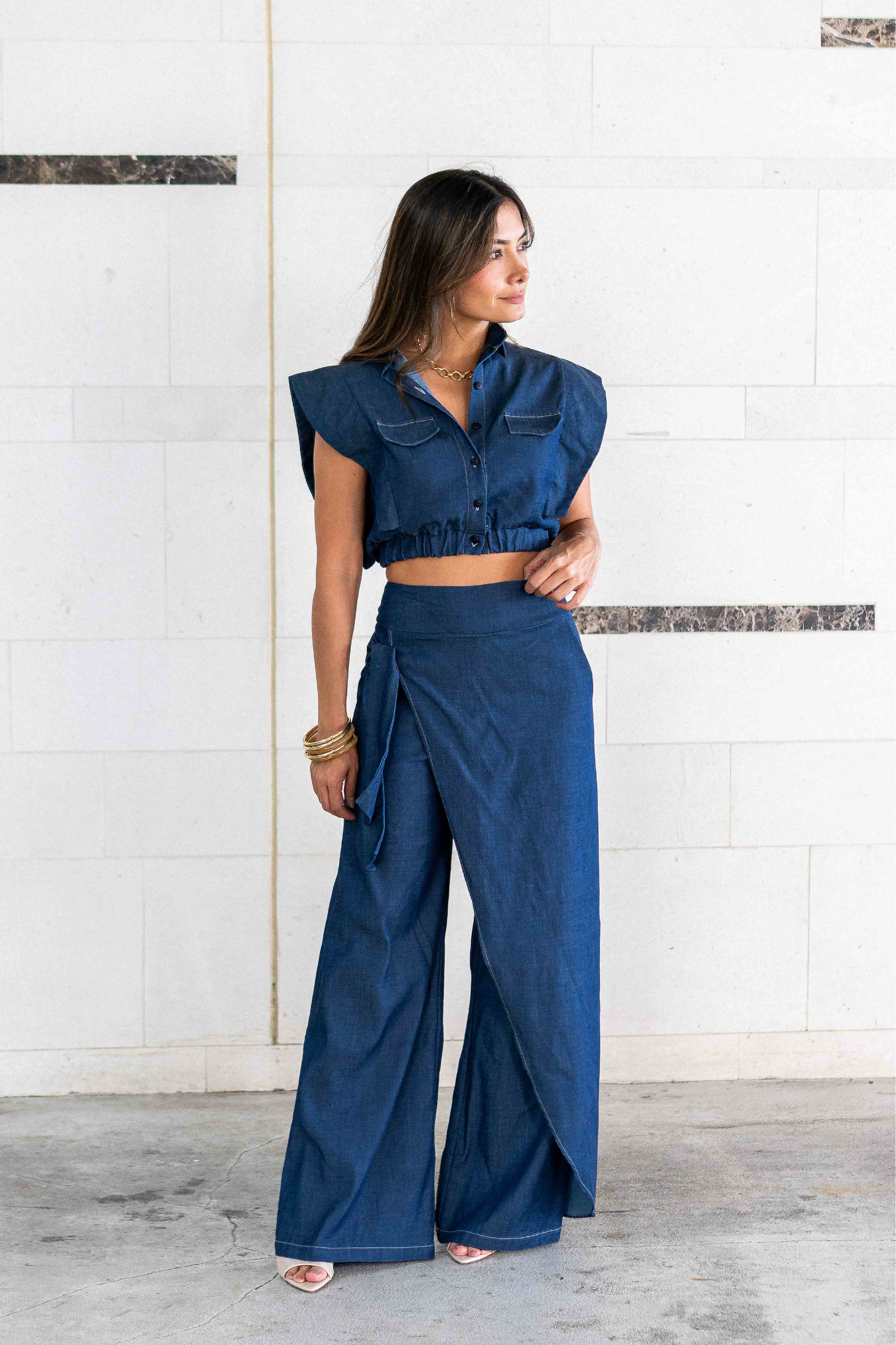 PTJ3066 pantalón color azul con blusa con resorte en la cintura