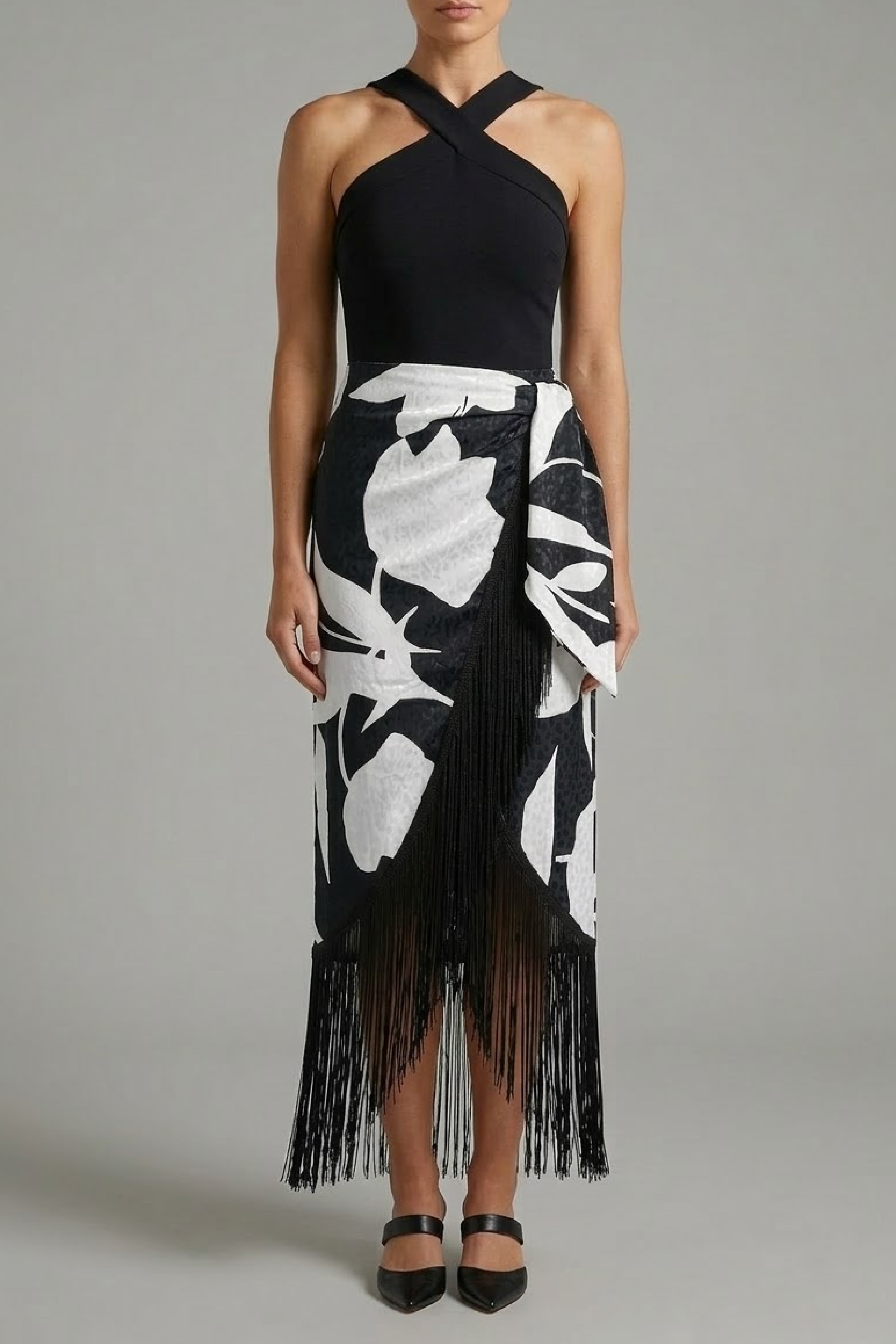 PTJ307529 falda midi con flecos 