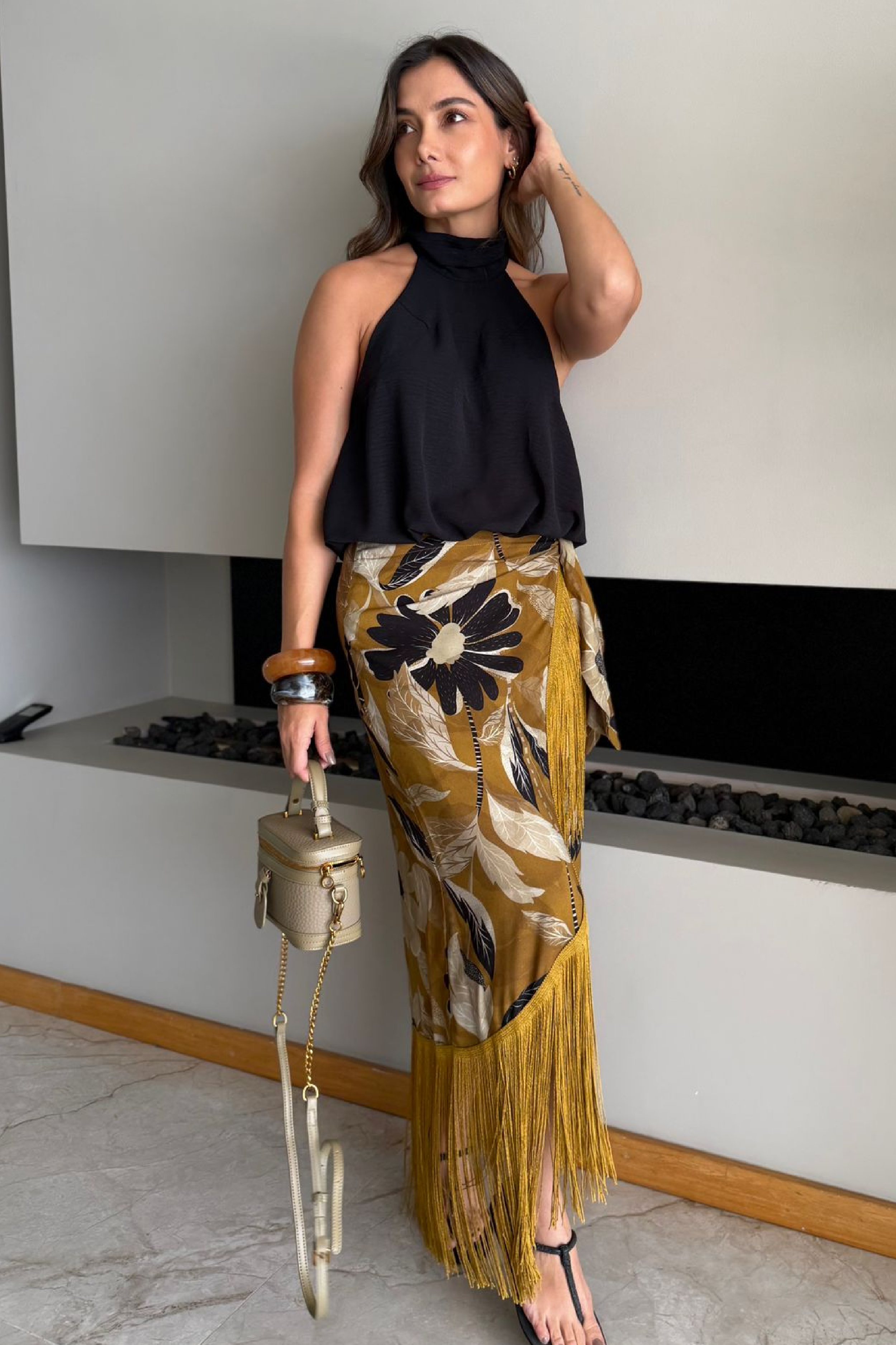 PTJ3077 falda midi estampada con boleros 