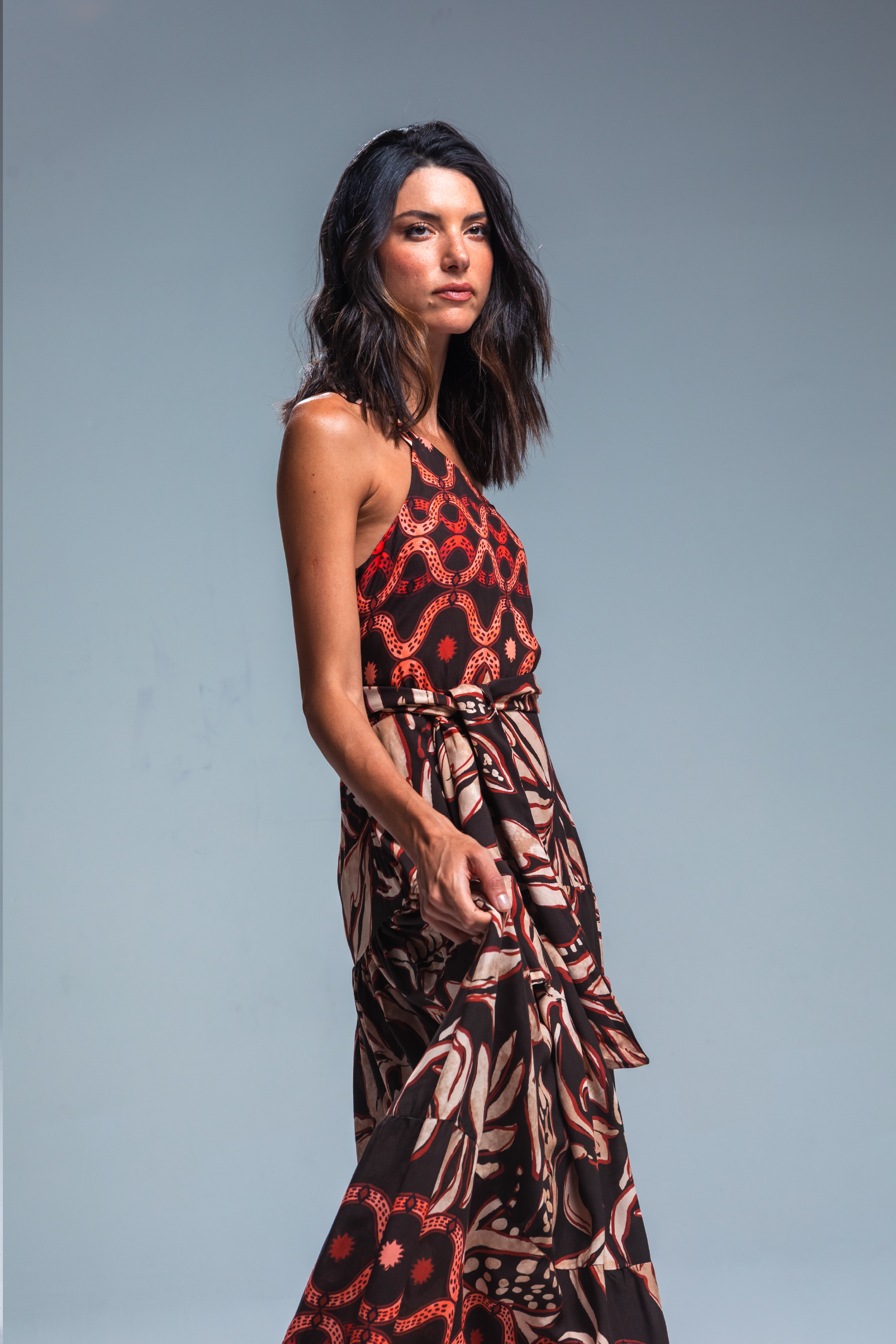 PTJ50512900 vestido largo con lazos y estampado