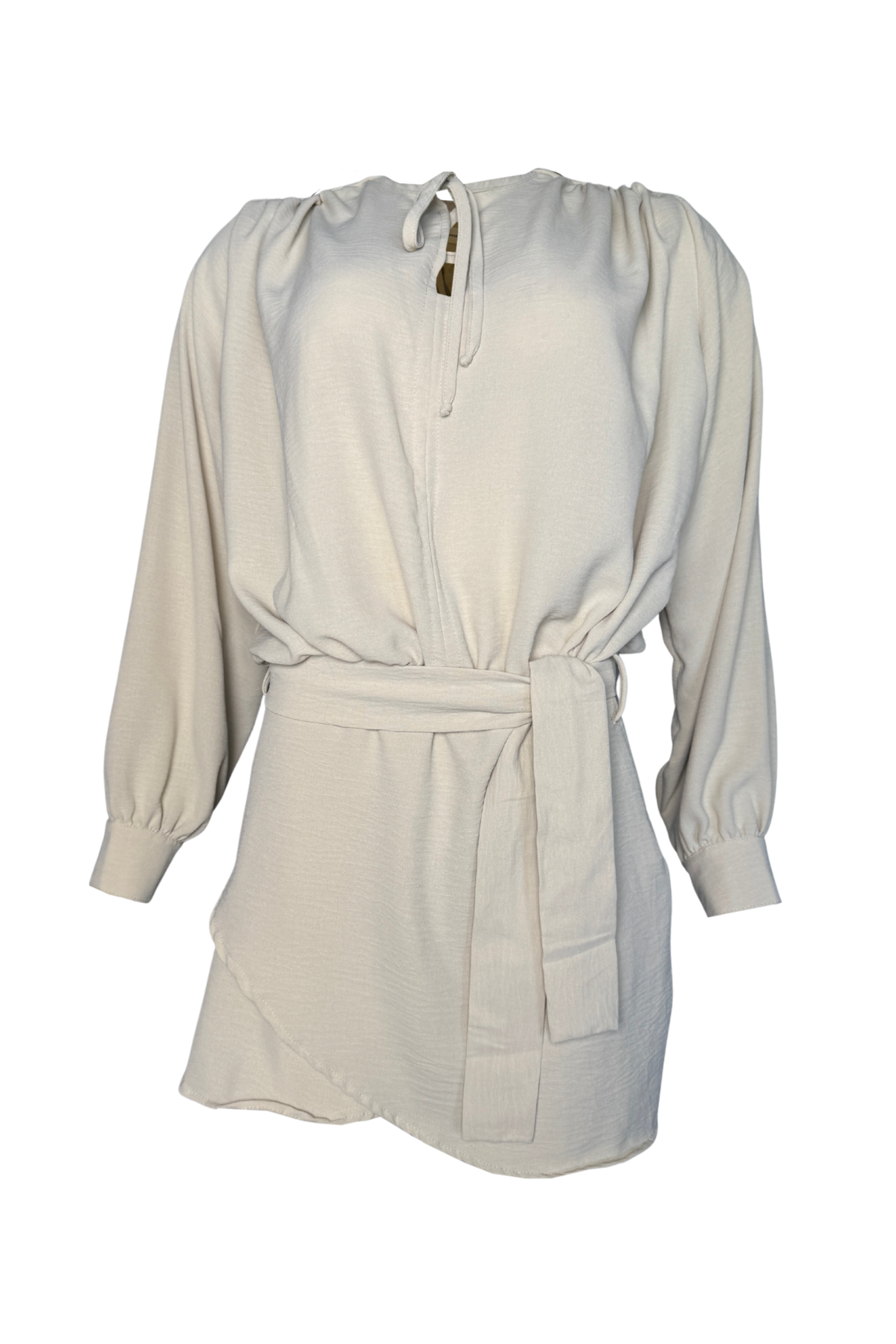 PTJ8813 vestido corto con manga larga y cuello con lazo 