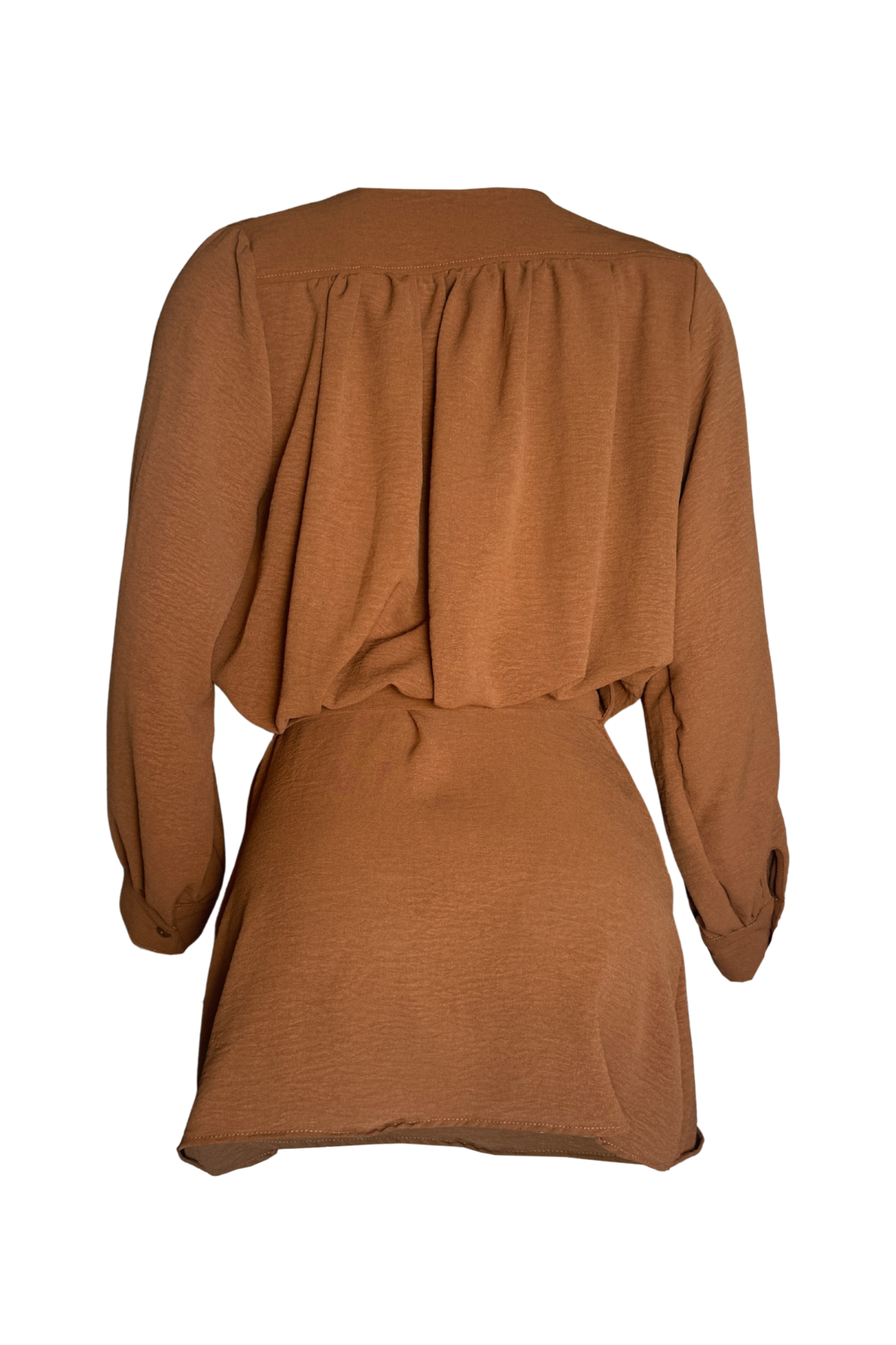 PTJ8813 vestido corto con manga larga y cuello con lazo color café