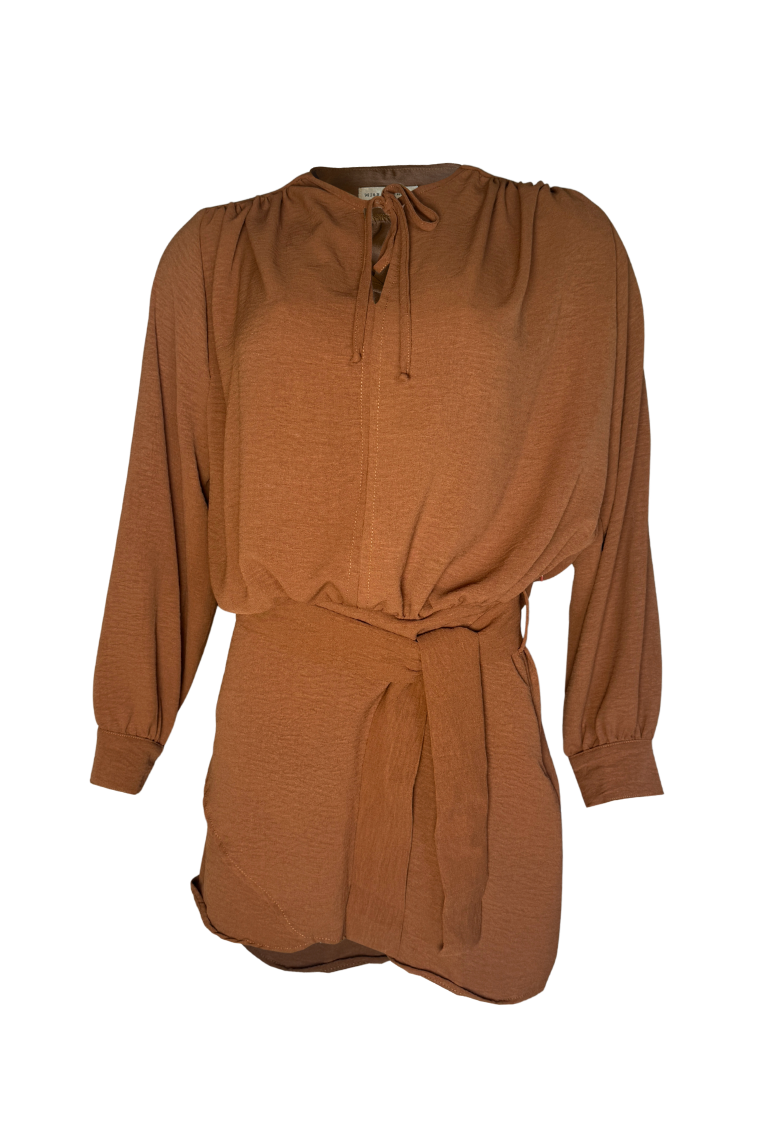 PTJ8813 vestido corto con manga larga y cuello con lazo color café