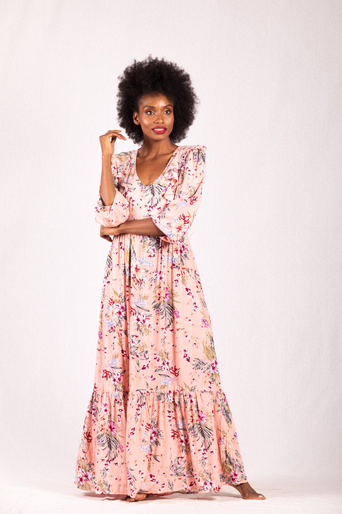 Vestido Largo Manga Larga En Flores