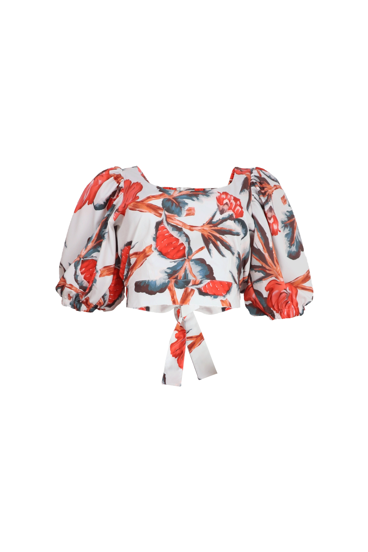 Blusa tipo crop top con estampado rojo y fondo blanco.