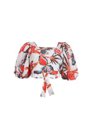 Blusa tipo crop top con estampado rojo y fondo blanco.