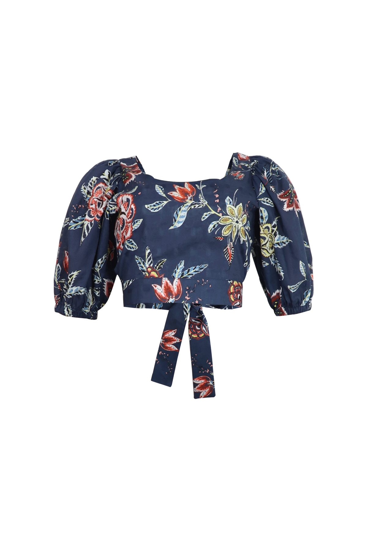 Crop top azul oscuro de tiras y escote con estampado sutil.