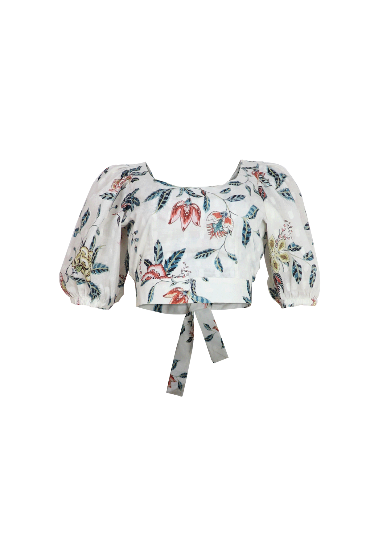 Crop top blanco de tiras y escote con estampado sutil.
