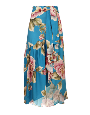 Falda midi en color azul y lazos en la cintura
