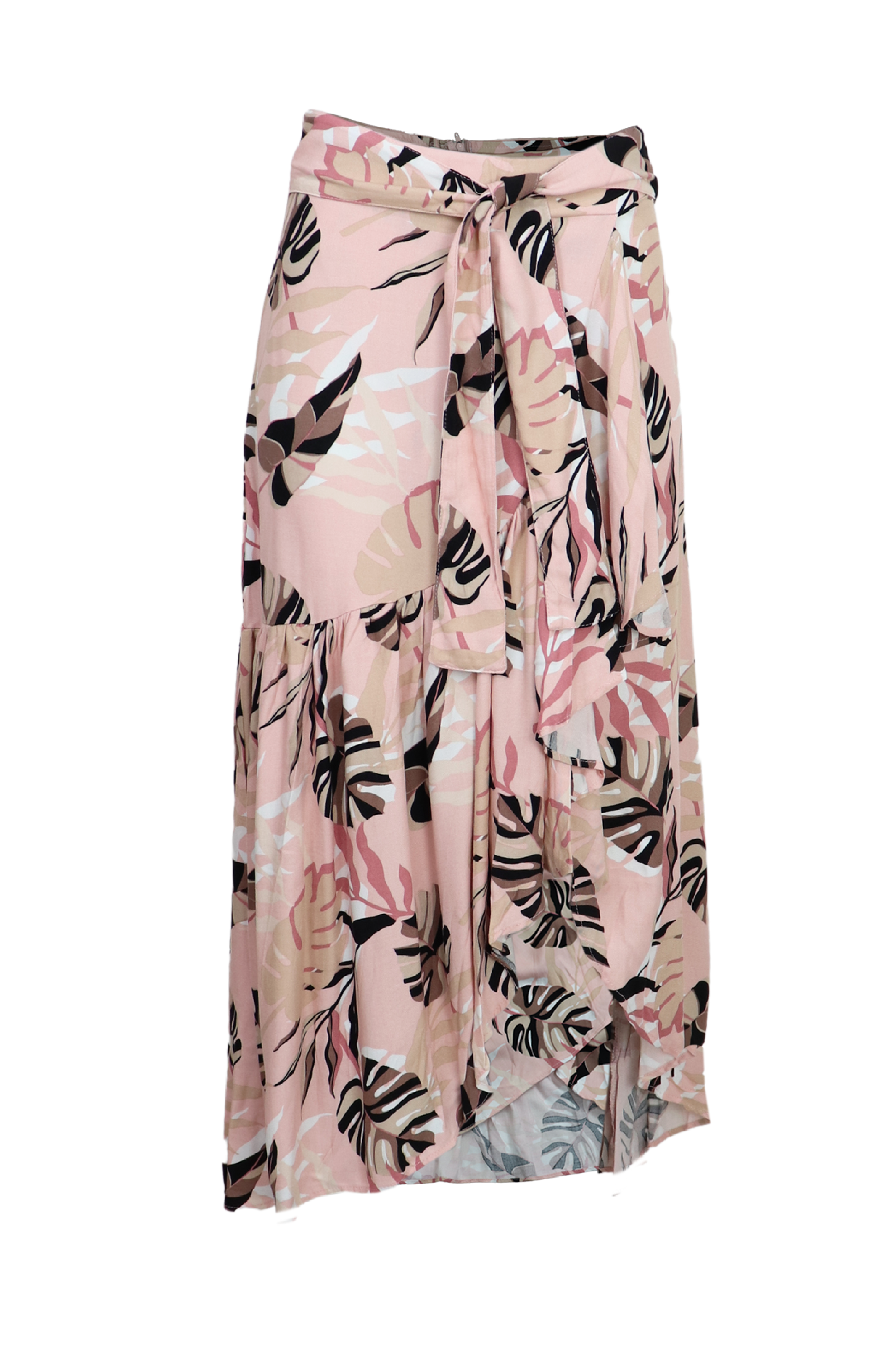 Falda larga con estampado rosa claro y palmeras.