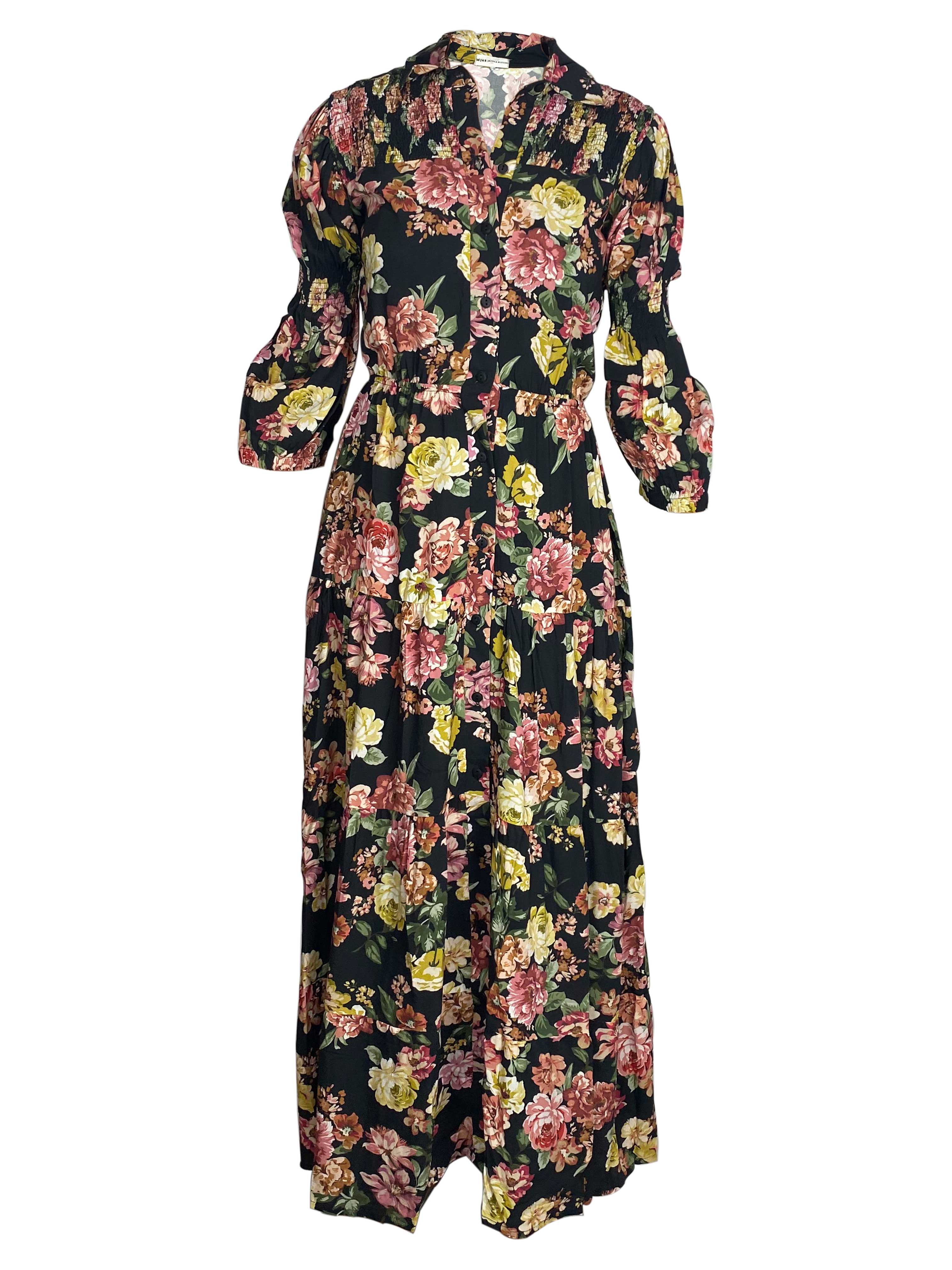 Vestido Largo Manga Larga En Flores