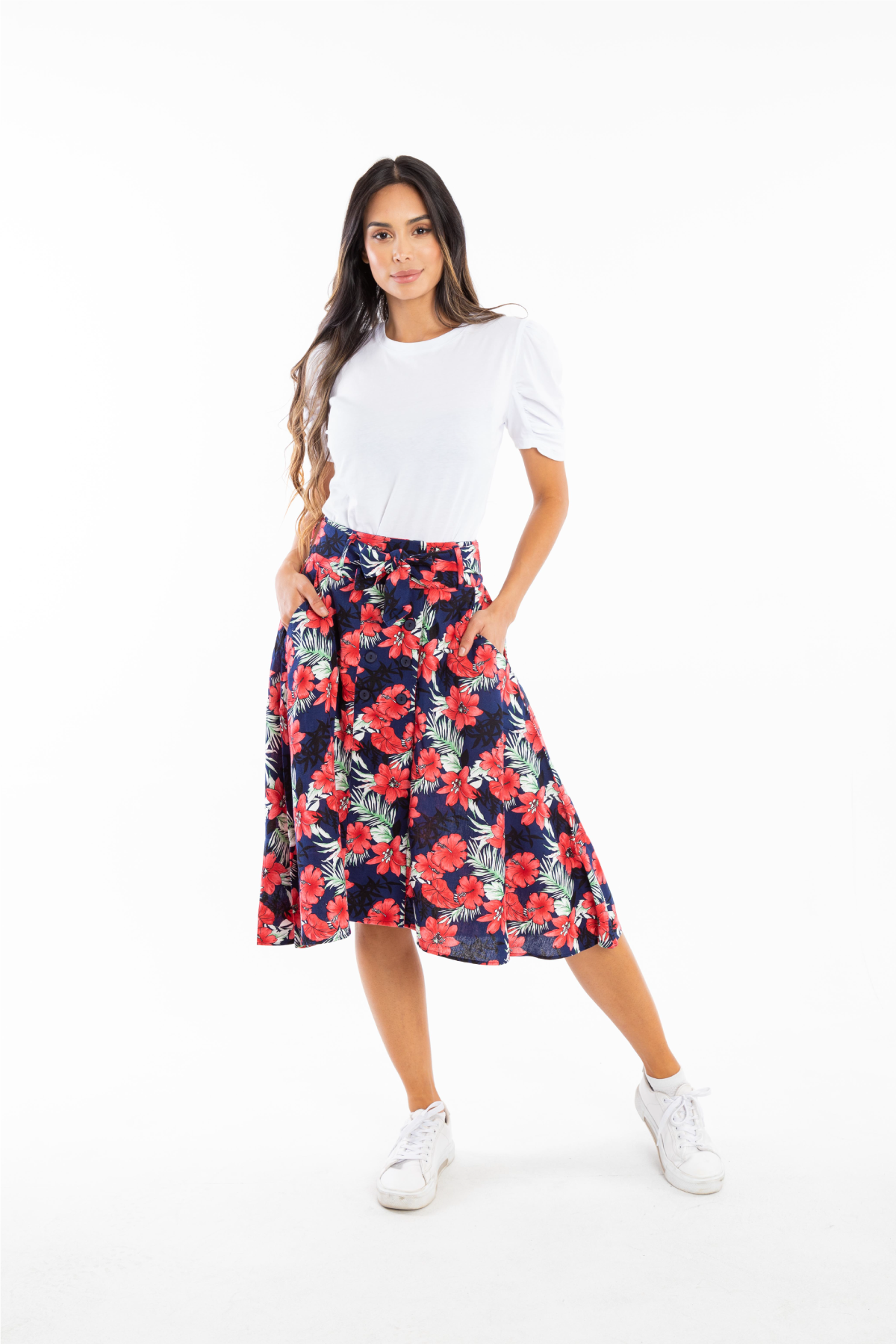 Falda 3/4 De Botones Estampado Flores