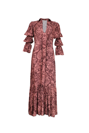 Vestido vinotinto con mangas largas y lazos para anudar.