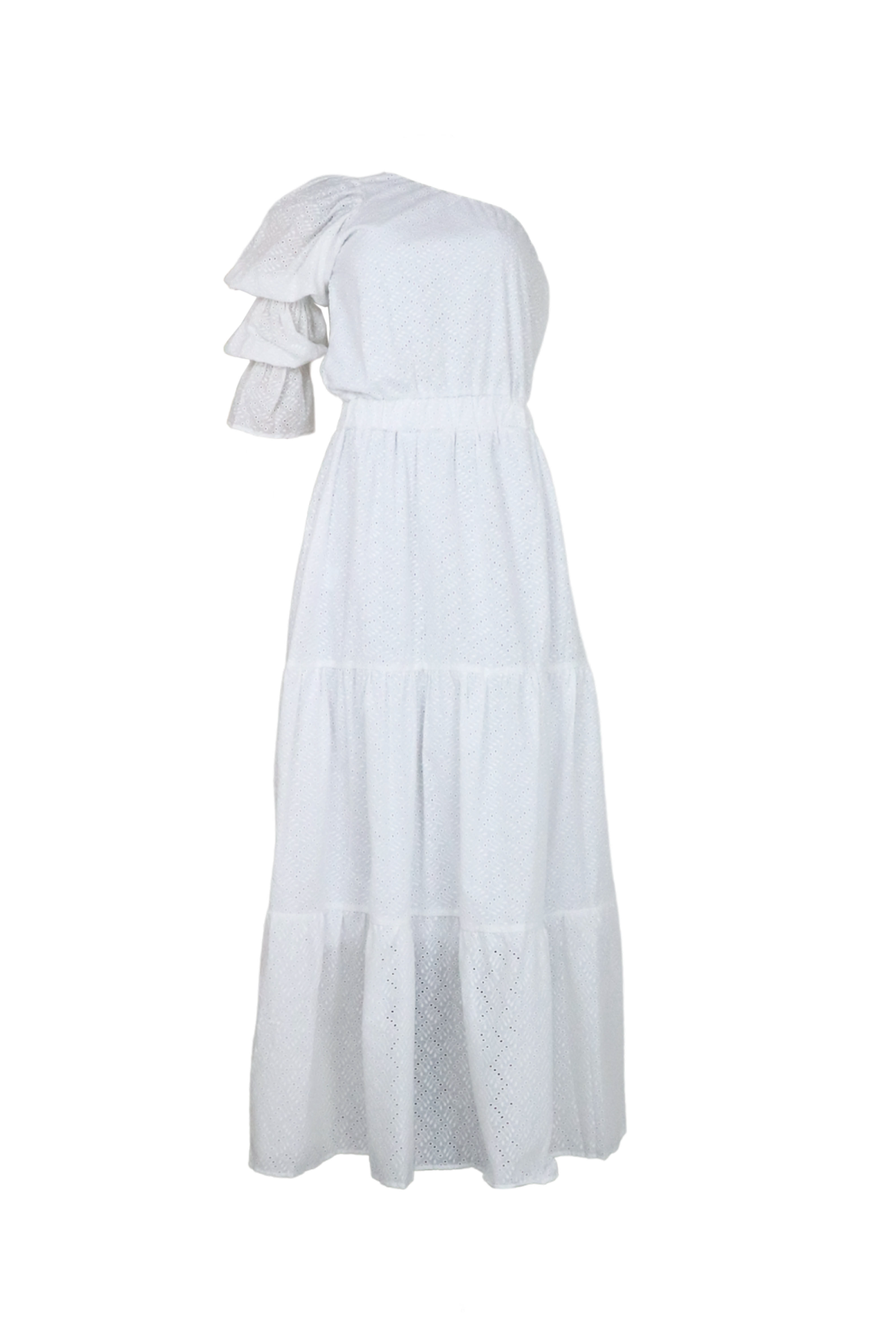 Vestido asimétrico en ojalillo blanco.
