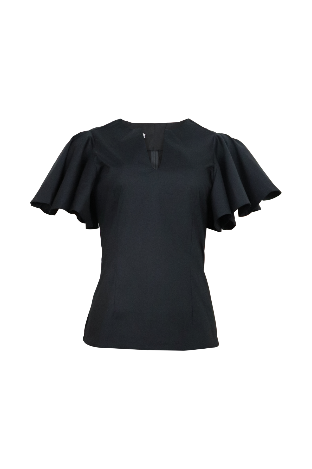 Blusa negra con mangas cortas y cuello en V.