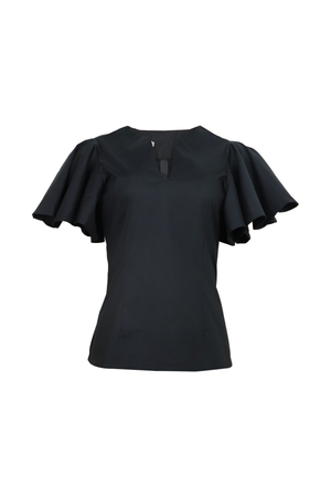 Blusa negra con mangas cortas y cuello en V.