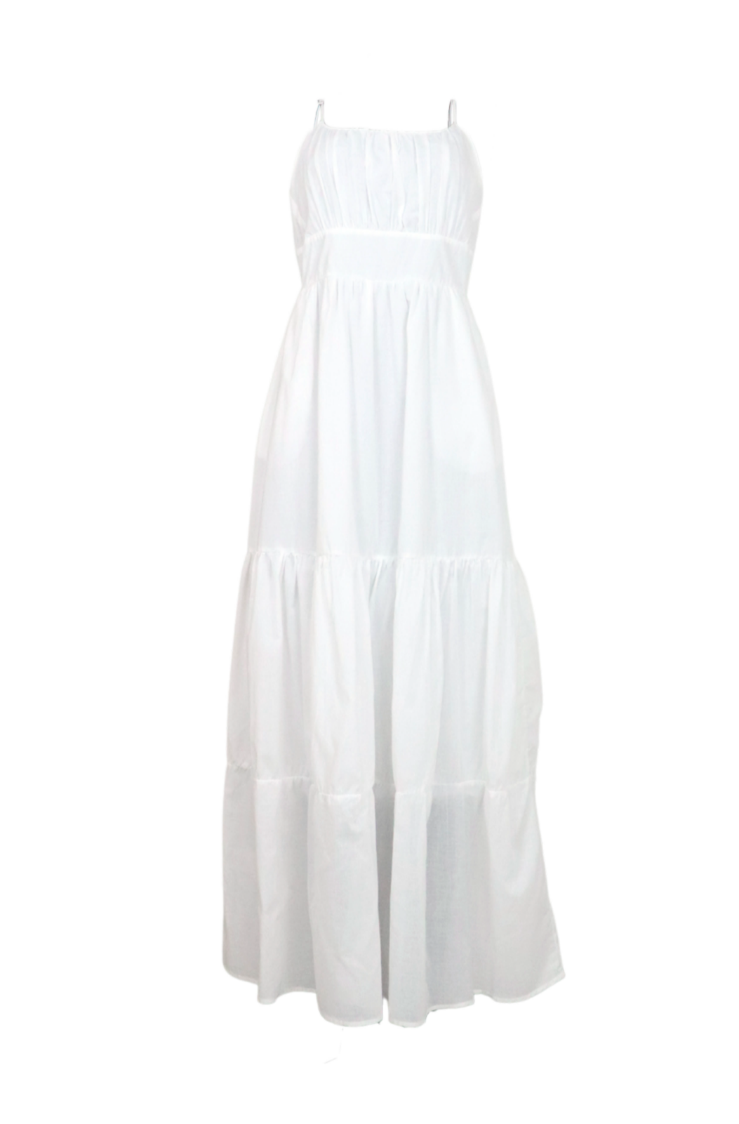 Vestido largo de tiras blanco con tela fruncida.