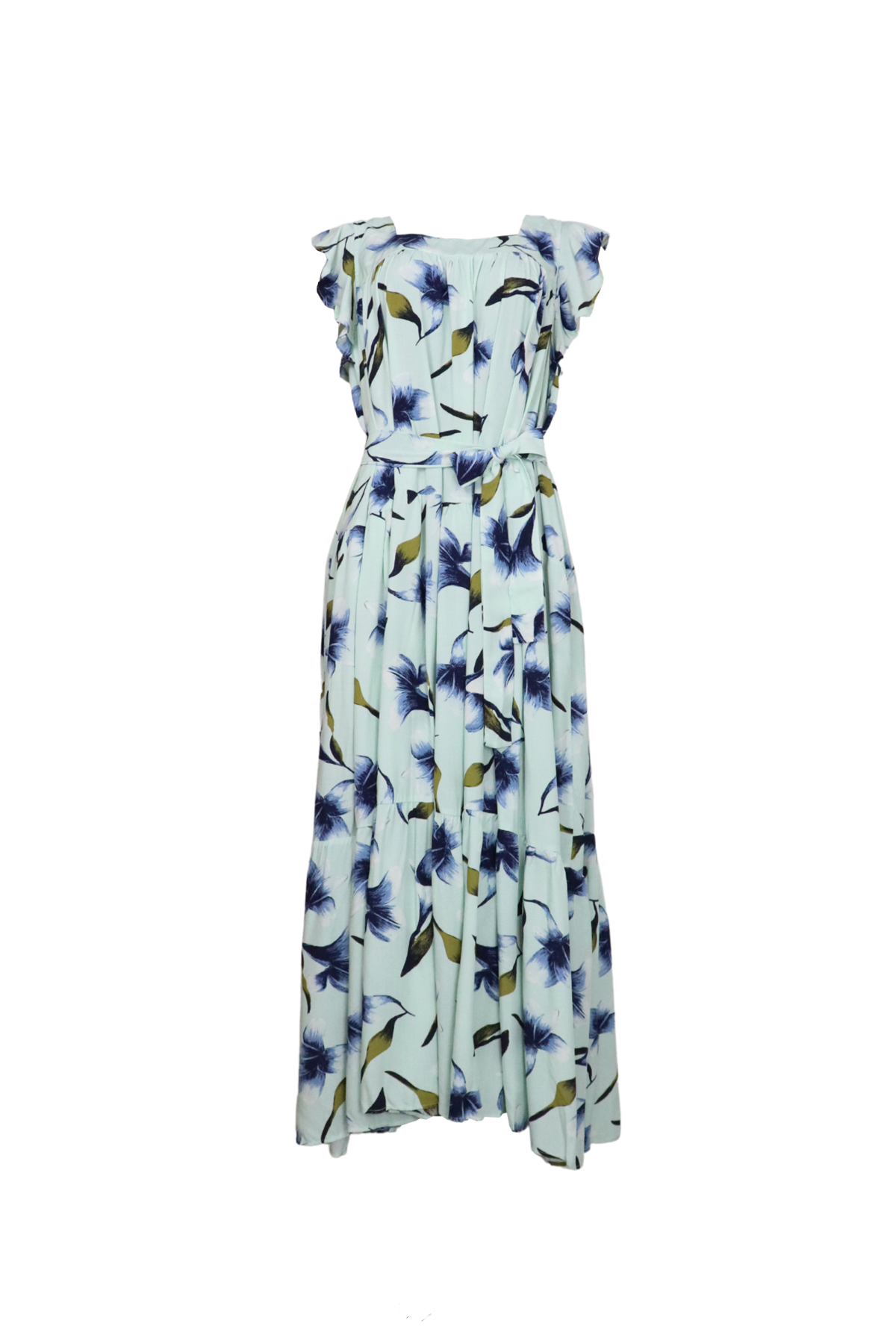 Vestido largoa con escote caudrado en estampado azul claro.