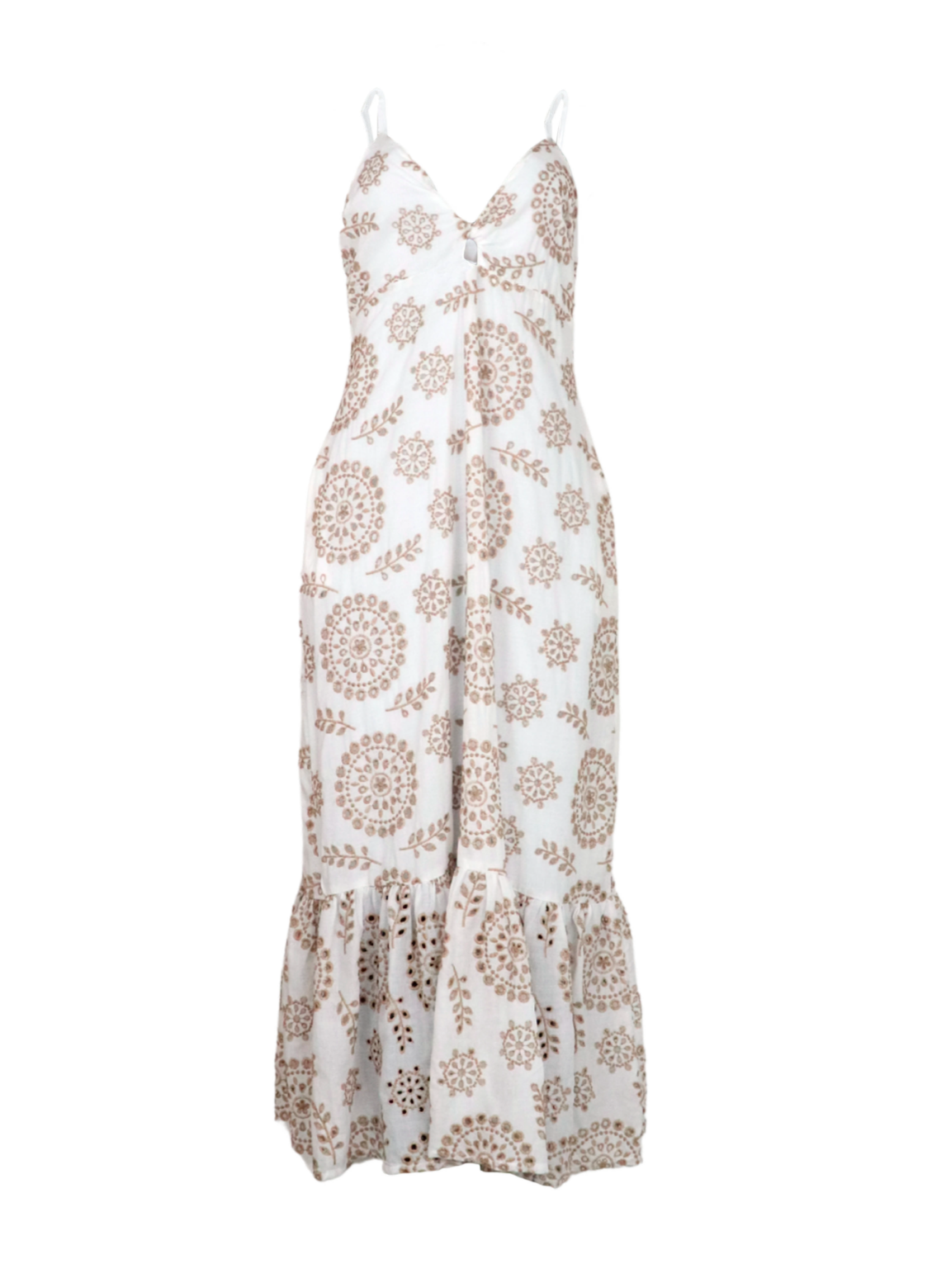 Vestido blanco y café en ojalillo.