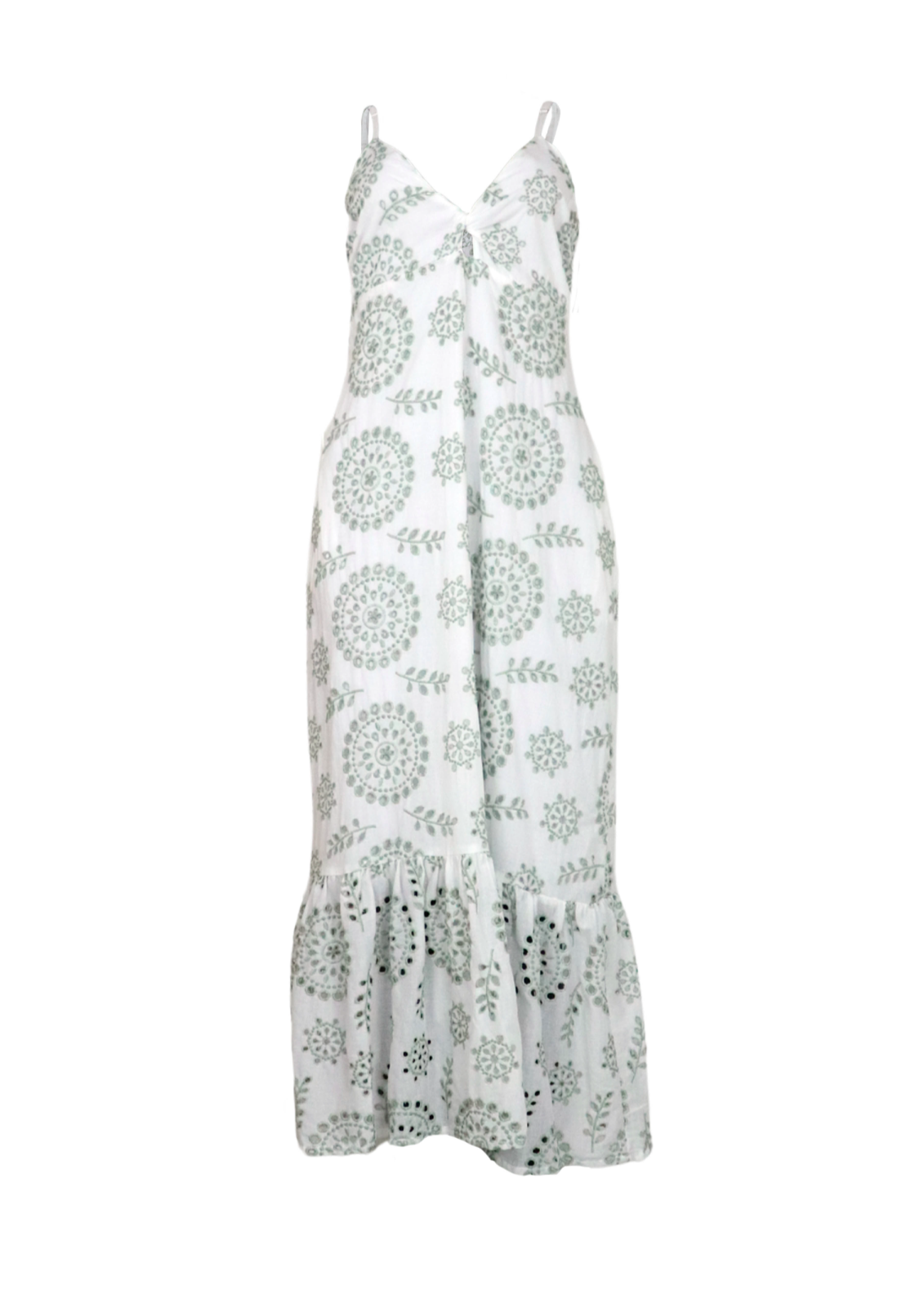 Vestido blanco y verde en ojalillo.