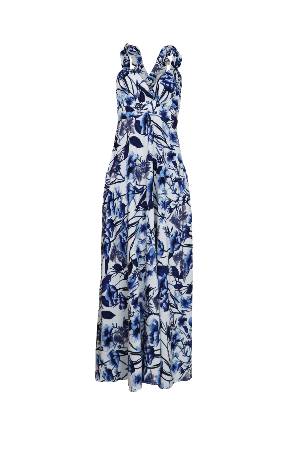 Vestido largo de copas en color azul.