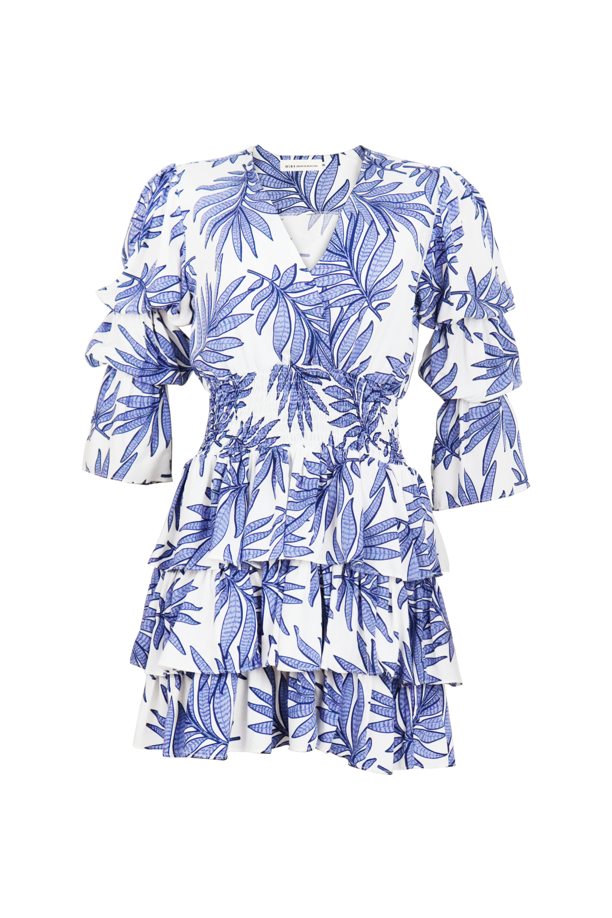 Vestido corto con estampado azul y blanco.