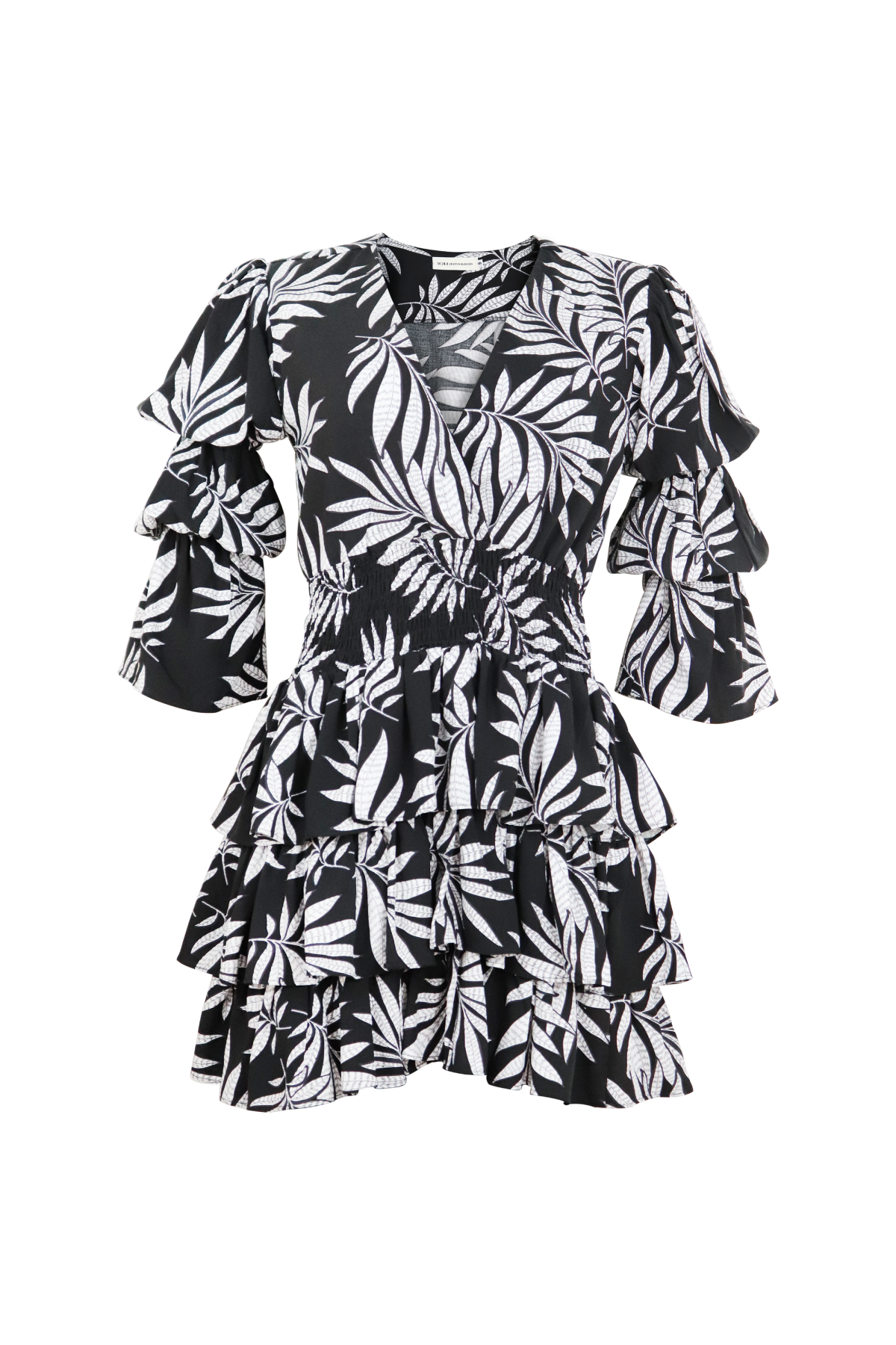 Vestido corto con escote en V y estampado negro y blanco.