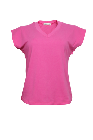 Camiseta fucsia de manga rodada.