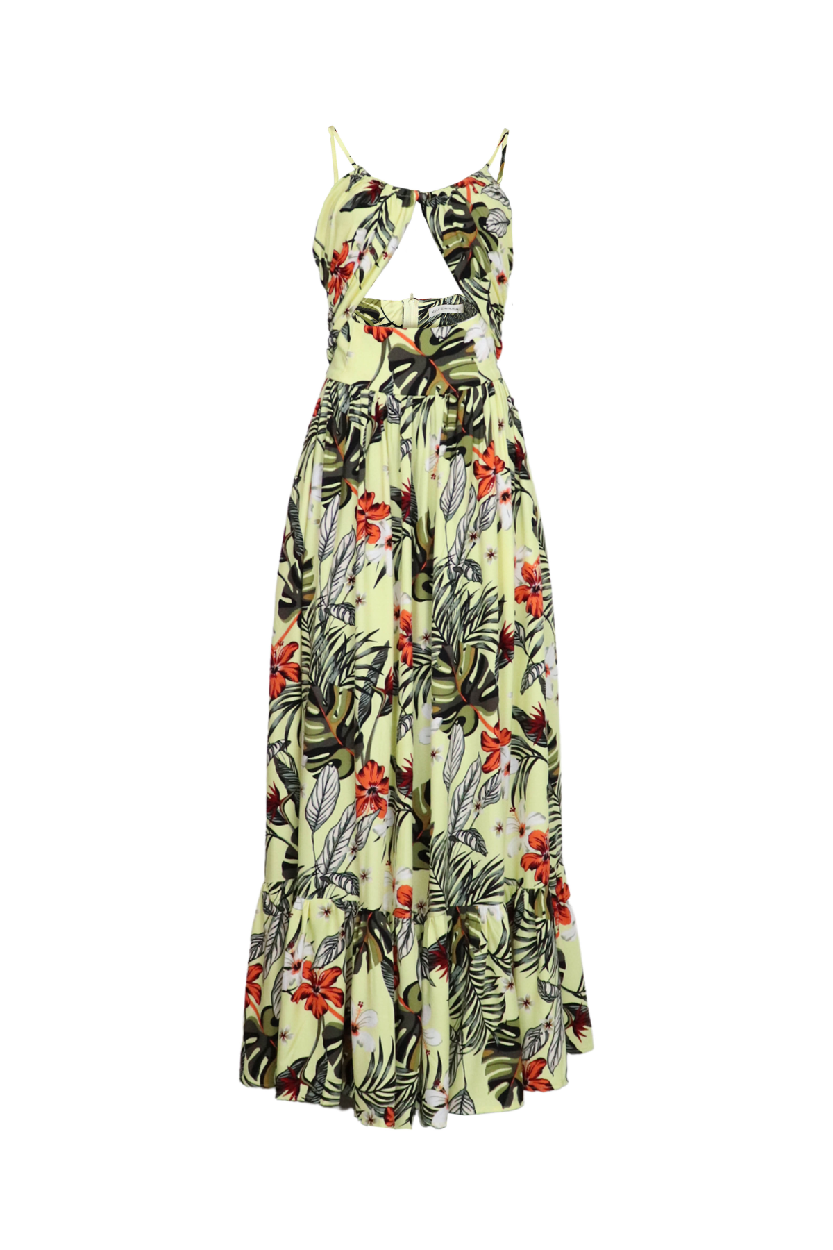 Vestido largo en estampado amarillo.
