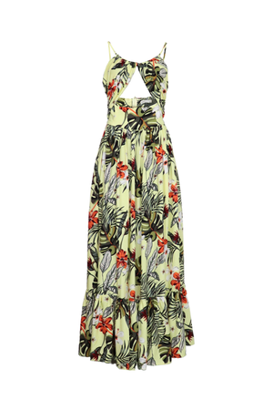 Vestido largo en estampado amarillo.