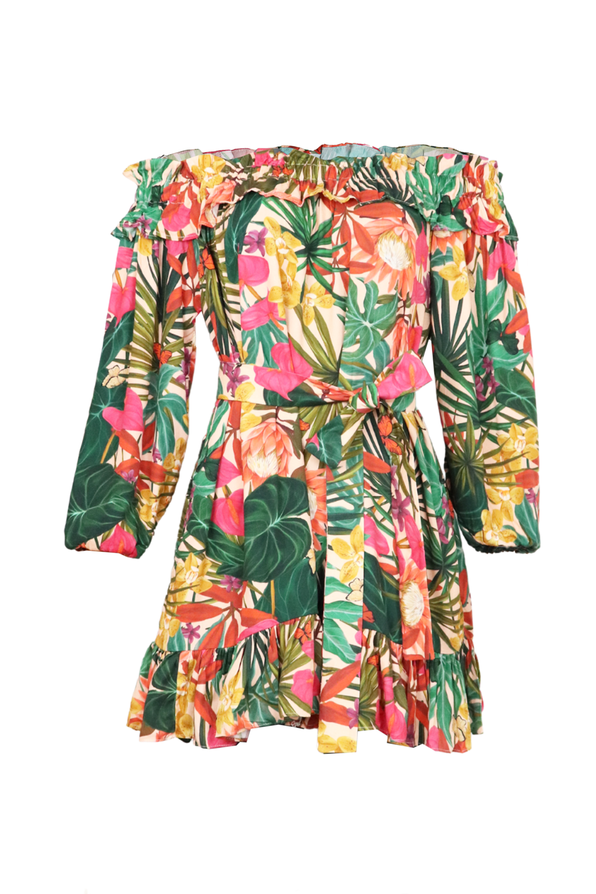 Vestido manga larga con estampado colorido y cinturón.