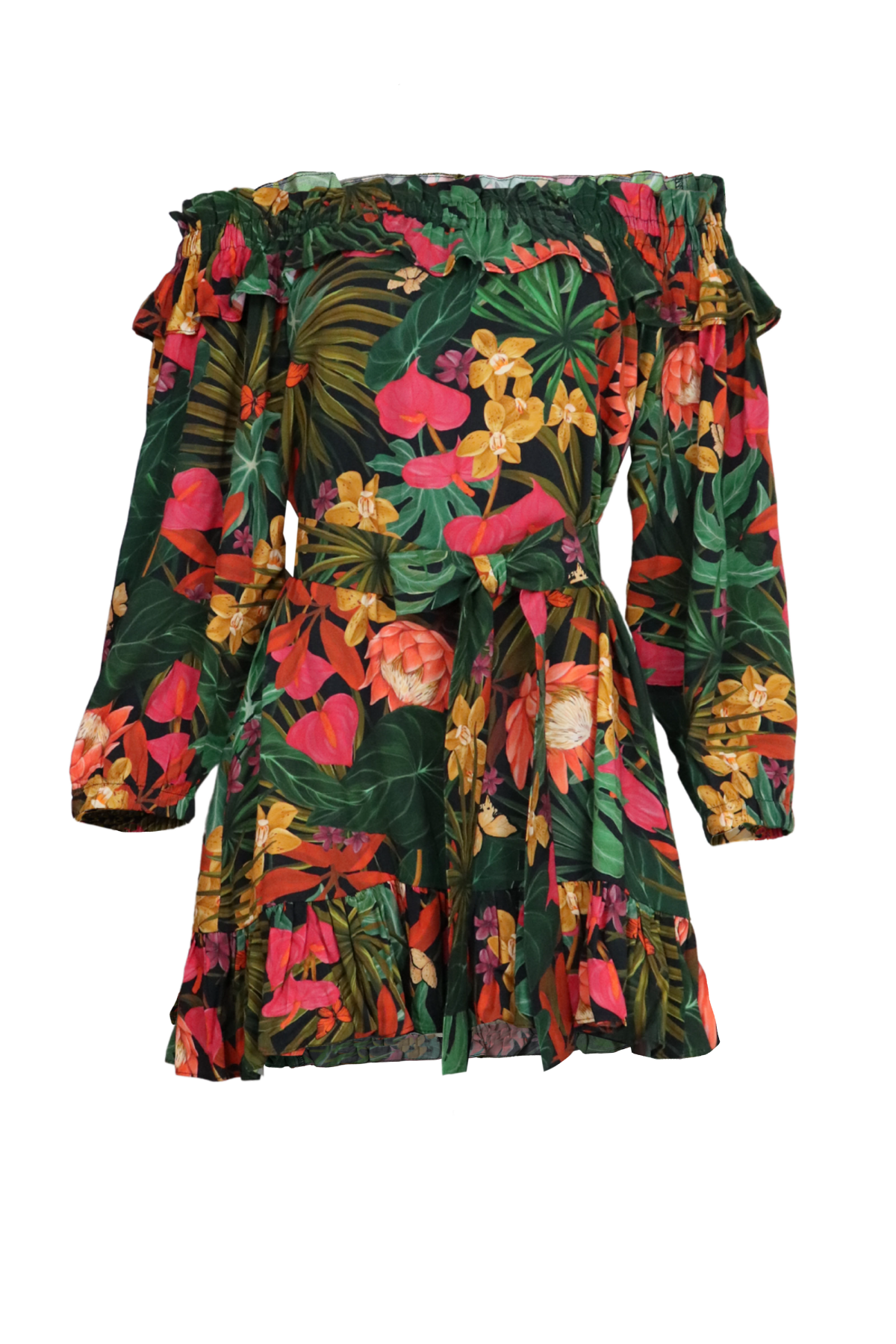 Vestido corto con estampado tropical.